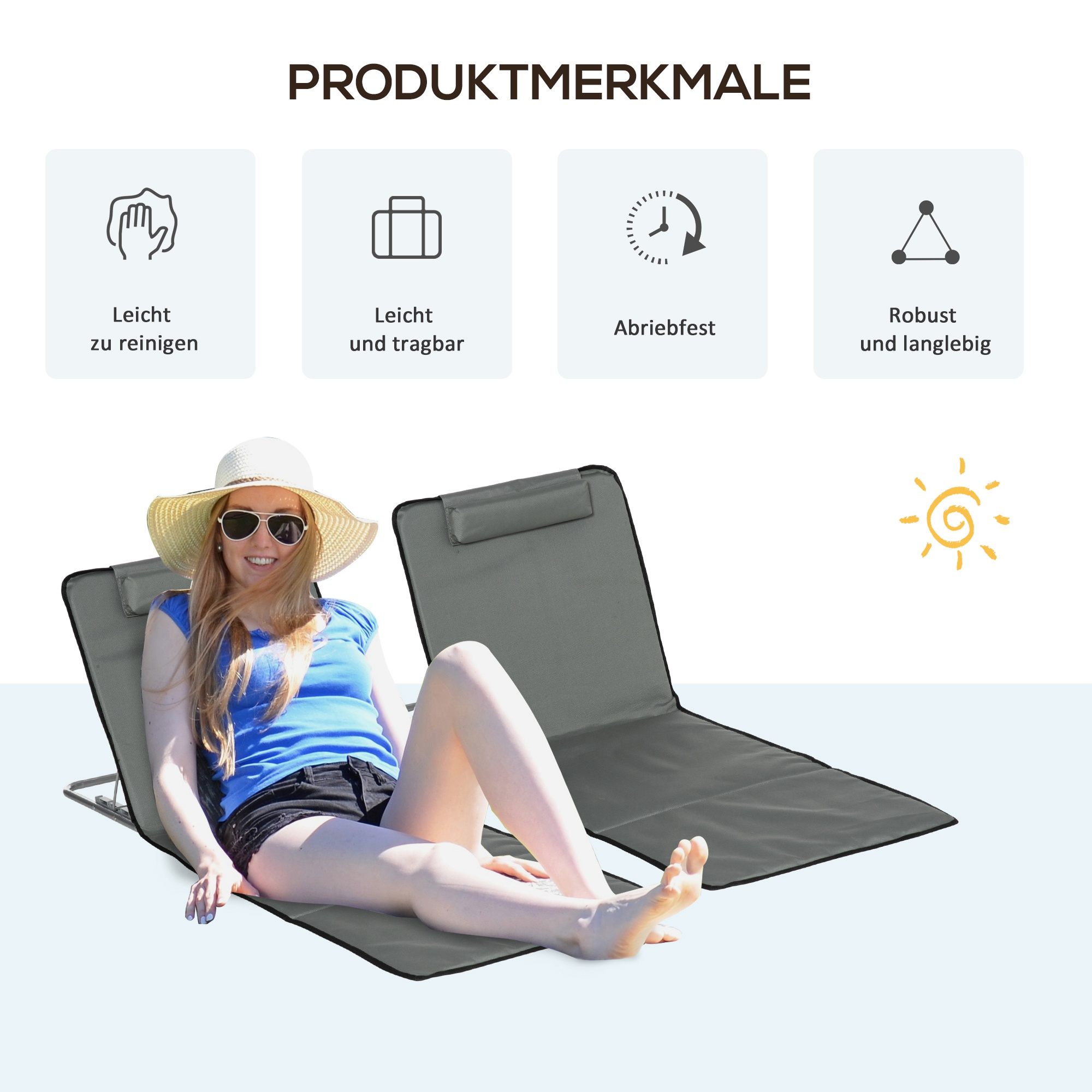 2er-Set Strandmatte, verstellbar, faltbar, 124L x 53B x 37-50H cm, Grau