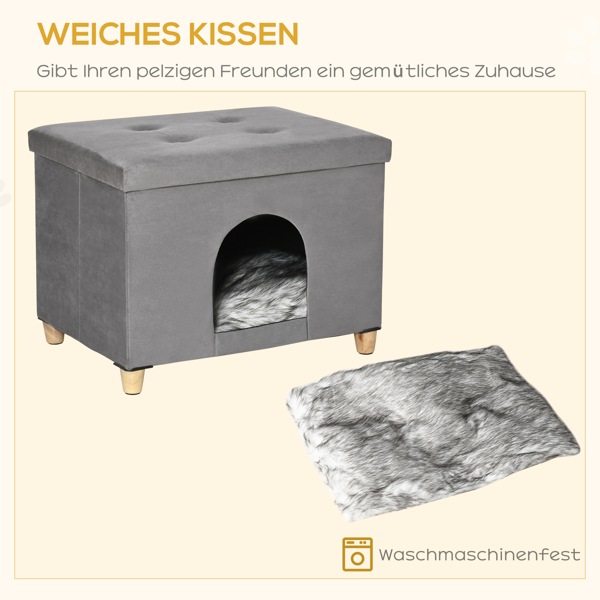 2-IN-1 Katzenhöhle Fußhocker mit Kissen Holzbeine Katzenhaus Katzenkorb weich gepolstert Ottomane elegantes Design abnehmbar MDF Plüsch Grau 60 x 45 x 44,5 cm