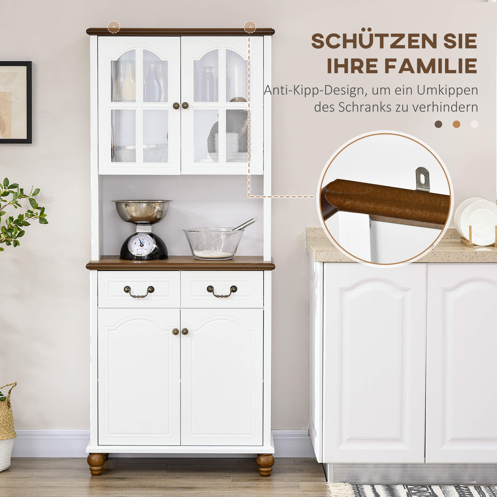 Küchenschrank, Buffet, 2 Schubladen, 2 Schrankfächer, klassisches Design, Weiß+Dunkelbraun, 76 x 38 x 182 cm