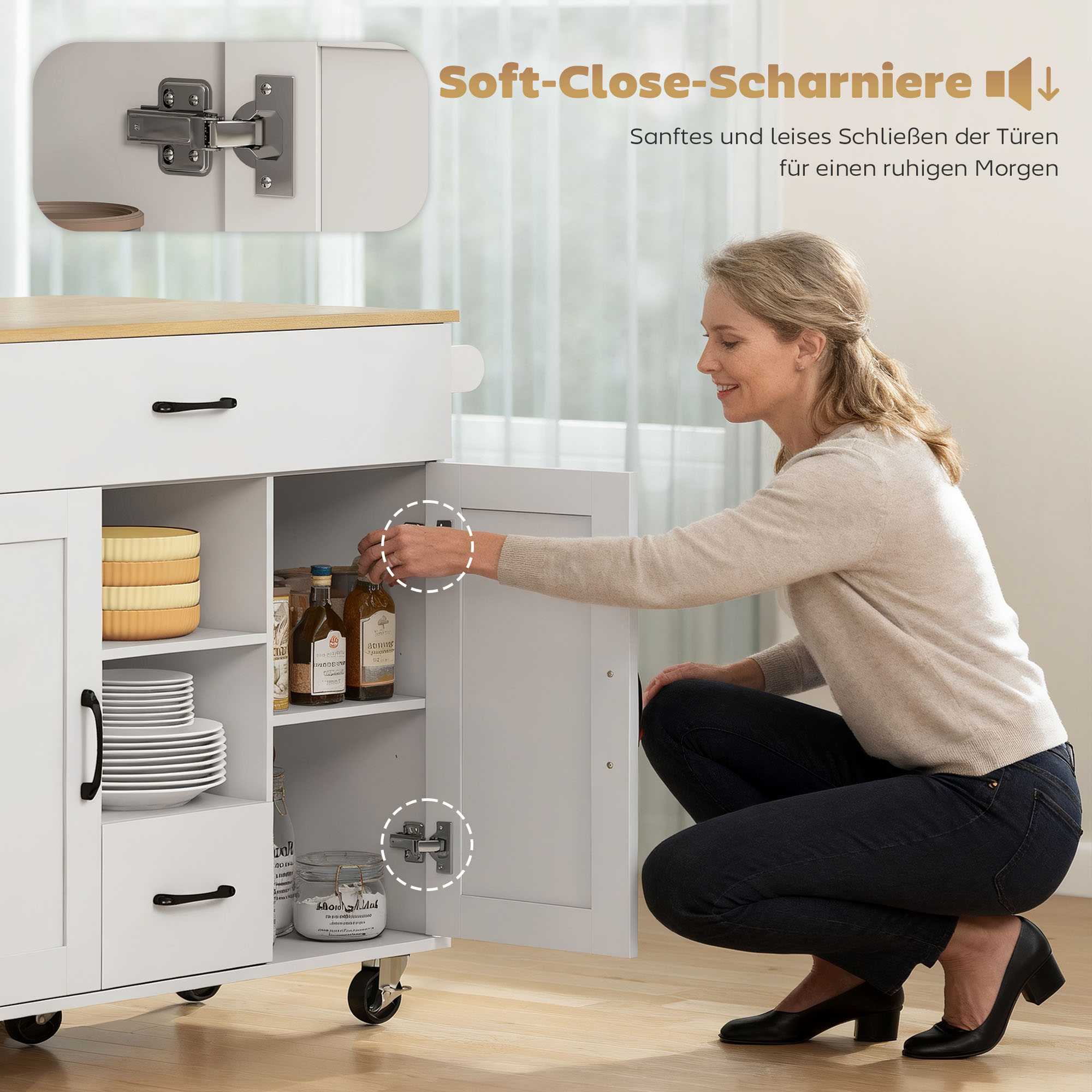 Rollbare Kücheninsel, ausklappbare Arbeitsfläche, Soft-Close-Schranktüren, Schubladen, Handtuchhalter, MDF, Weiß