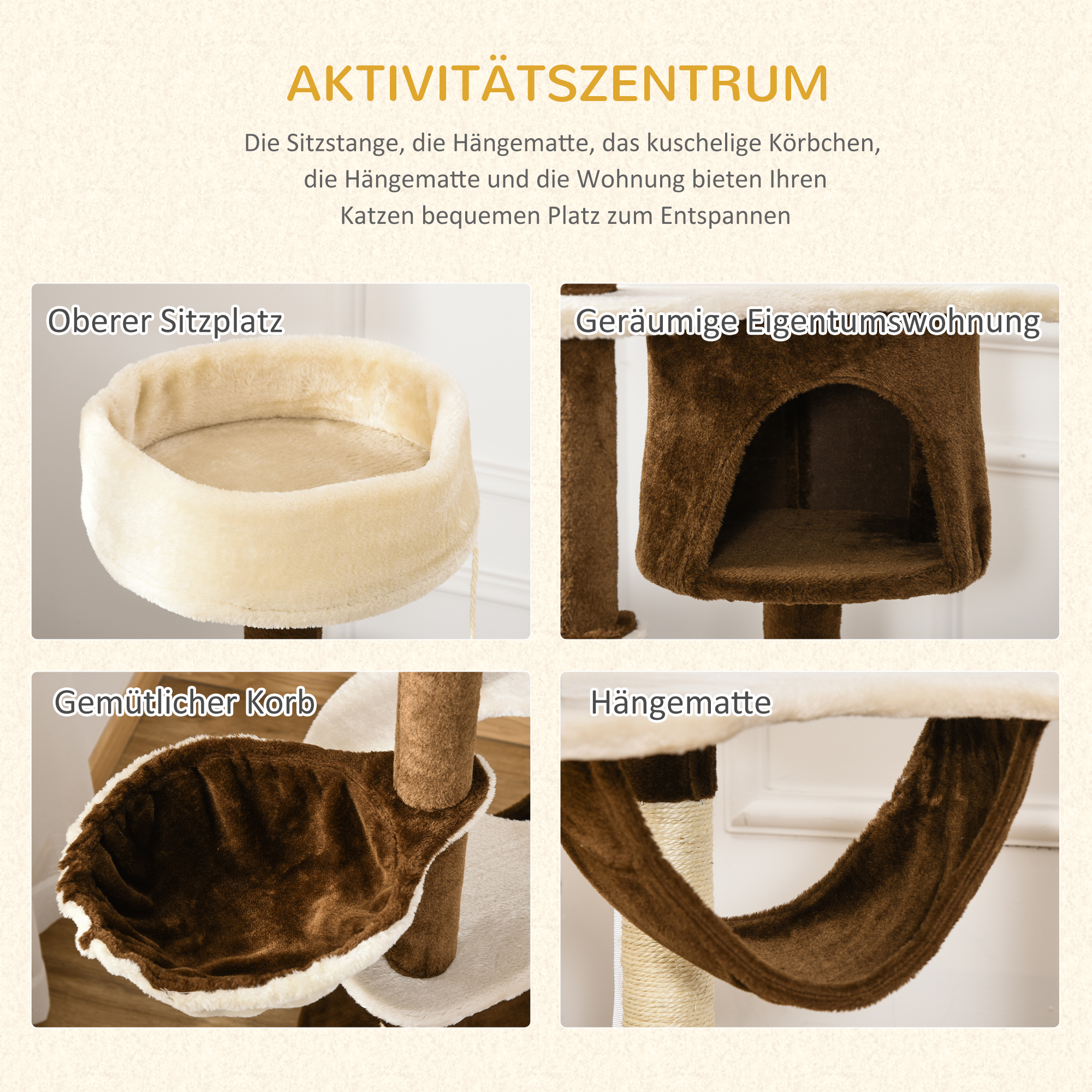 Kratzbaum mit Katzenhöhle Hängematte XXL Katzenbaum Kletterbaum Kletterbaum für Katzen Mehrstufiges Multiaktivitätszentrum Plüsch Braun 65 x 50 x 153 cm