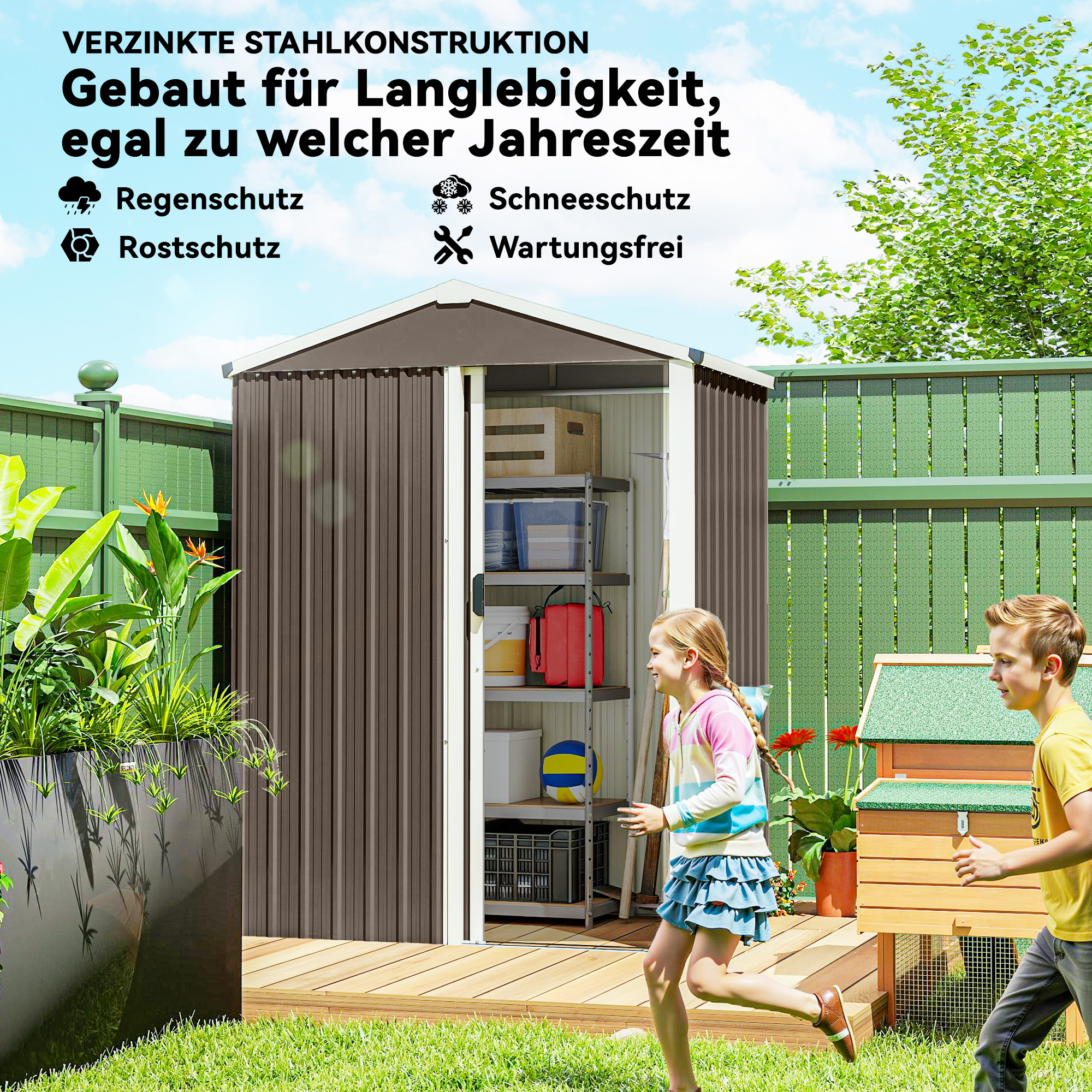 Metall Gerätehaus 1,1 m², Geräteschuppen mit Sattedach Abschließbarer Schiebetür Handschuhen, 136 x 87 x 179 cm