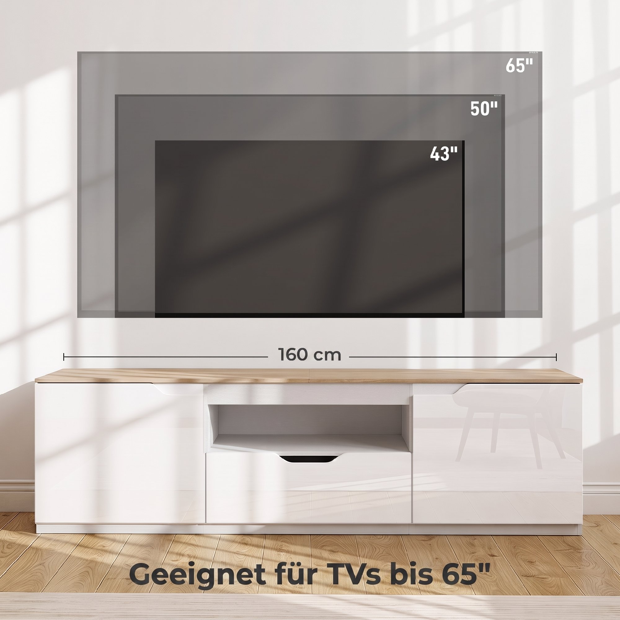 TV-Lowboard, Hochglanz, für Fernseher bis 65'', 3 Fächer, Schublade, 160 x 38 x 43 cm, Naturholz