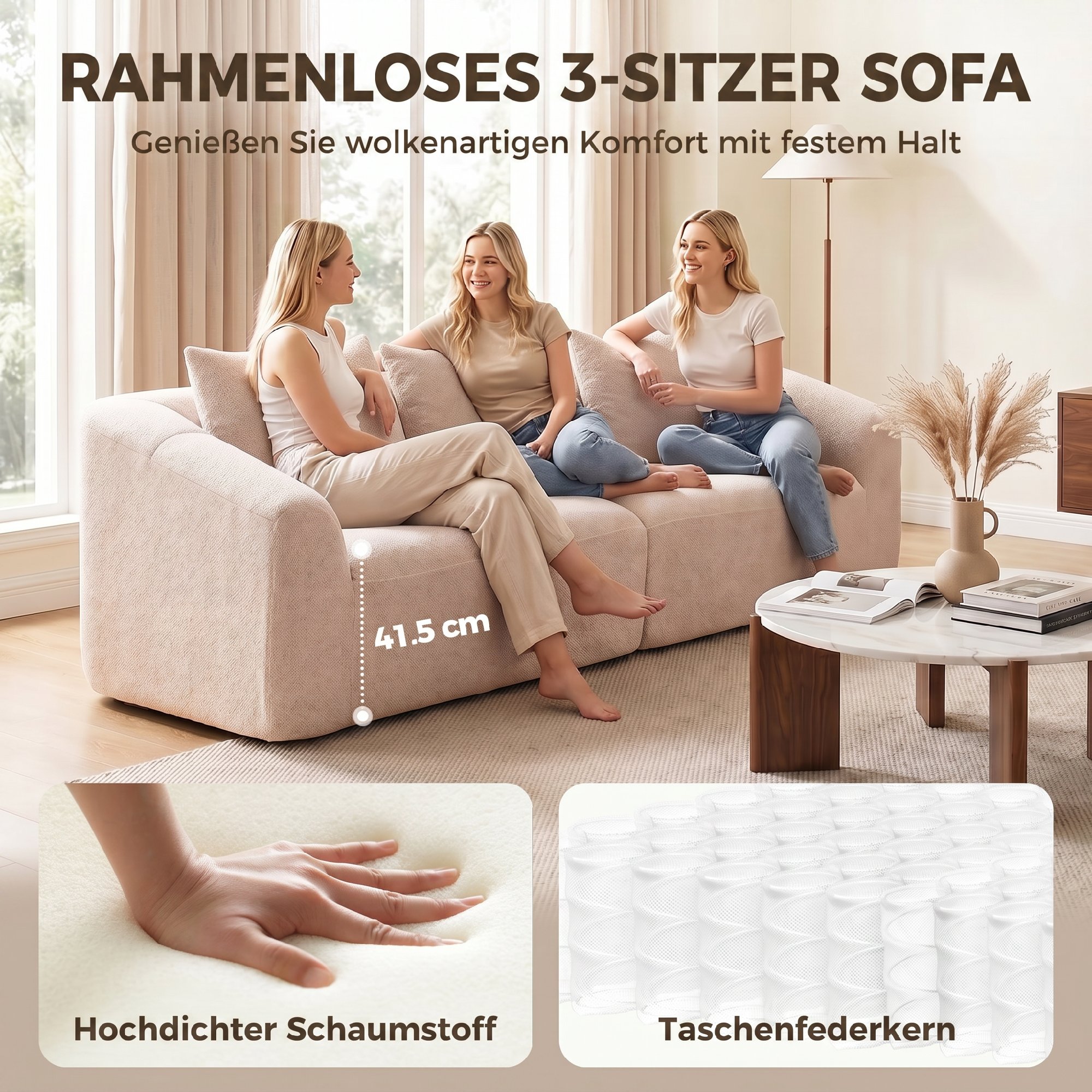 3-Sitzer Sofa, Chenille Cloud Couch ohne Rahmen, dicke Federkernpolsterung, extra breite Sitzfläche, 3 Kissen, Beige