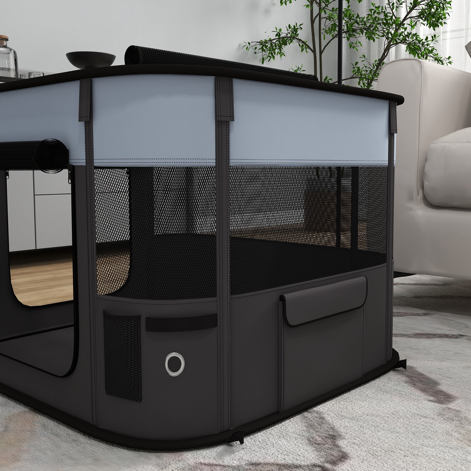 Spielgehege für Haustiere, faltbar, mit Aufbewahrungstasche, für Welpen und Kätzchen, drinnen und draußen, Grau