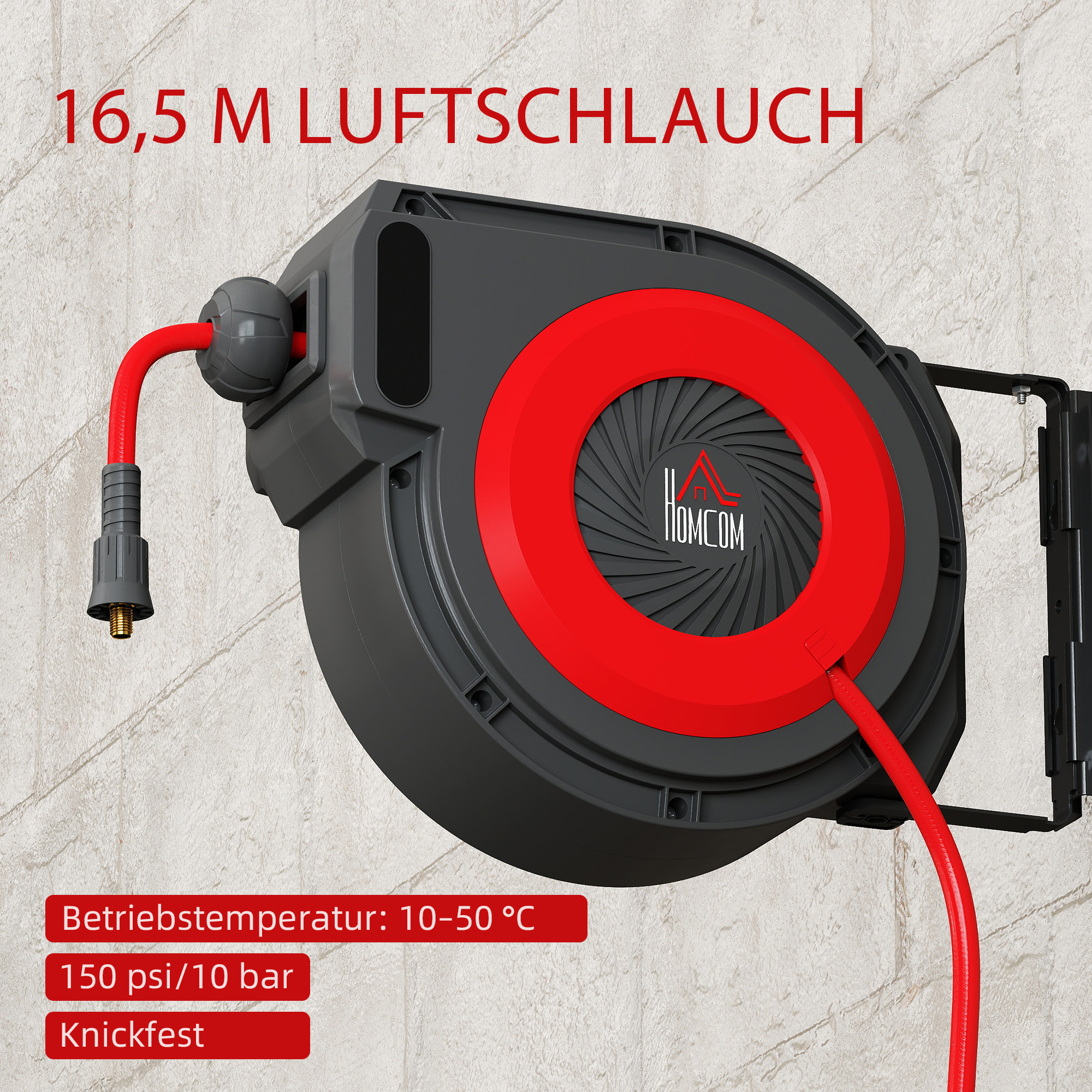 Schlauchtrommel mit Einzugs-Mechanismus, 16,5 m langer Schlauch, Wandmontage, Rot+Schwarz
