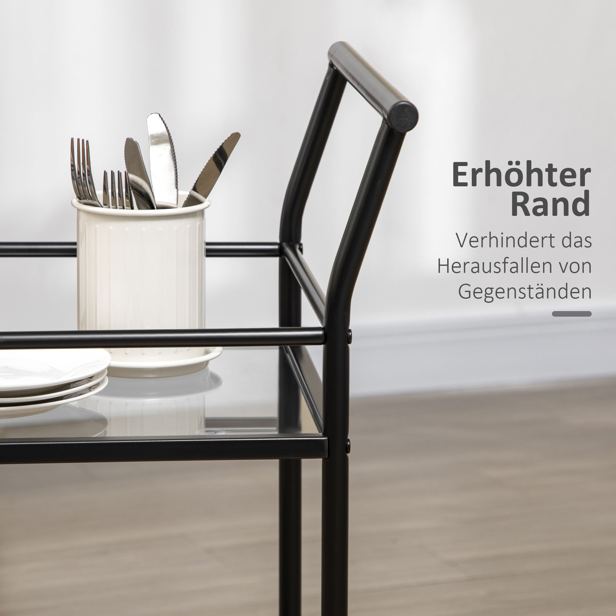 Küchenwagen mit 4 Rollen, 2 Ablagen und Griffen, 75 cm x 40 cm x 80 cm, Schwarz