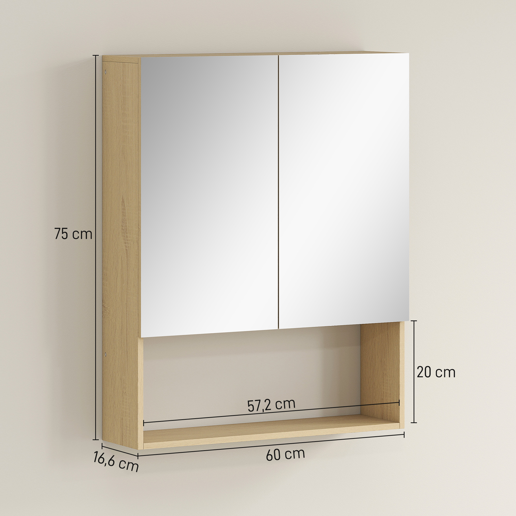 Badezimmerschrank, Spiegeltüren, offenes Regal, Wandmontage, MDF, Spanplatte, Eiche