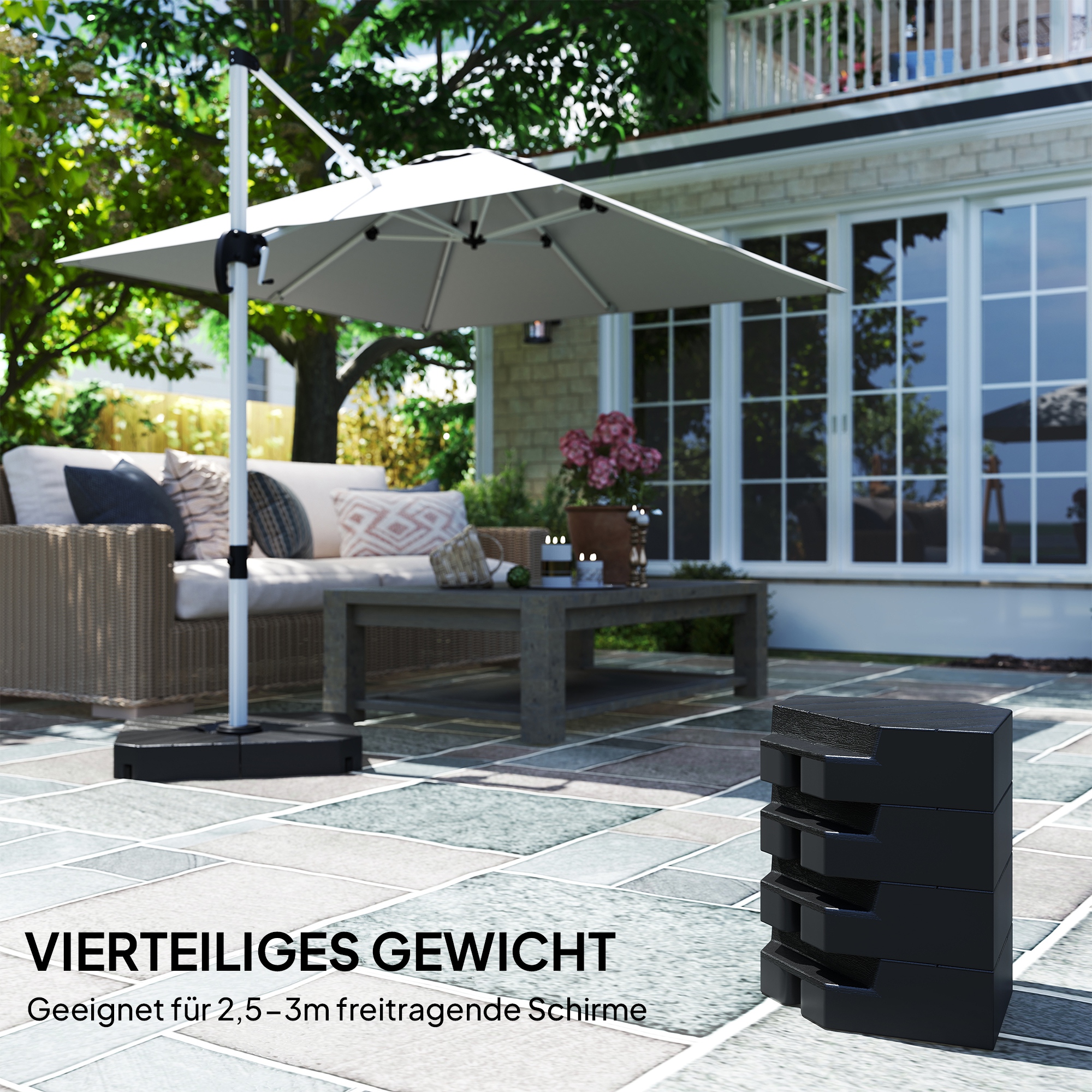 Basisgewichte für Sonnenschirmständer, mit Wasser und Sand befüllbar, Kunststoff, 80L x 80B x 13H cm, Schwarz