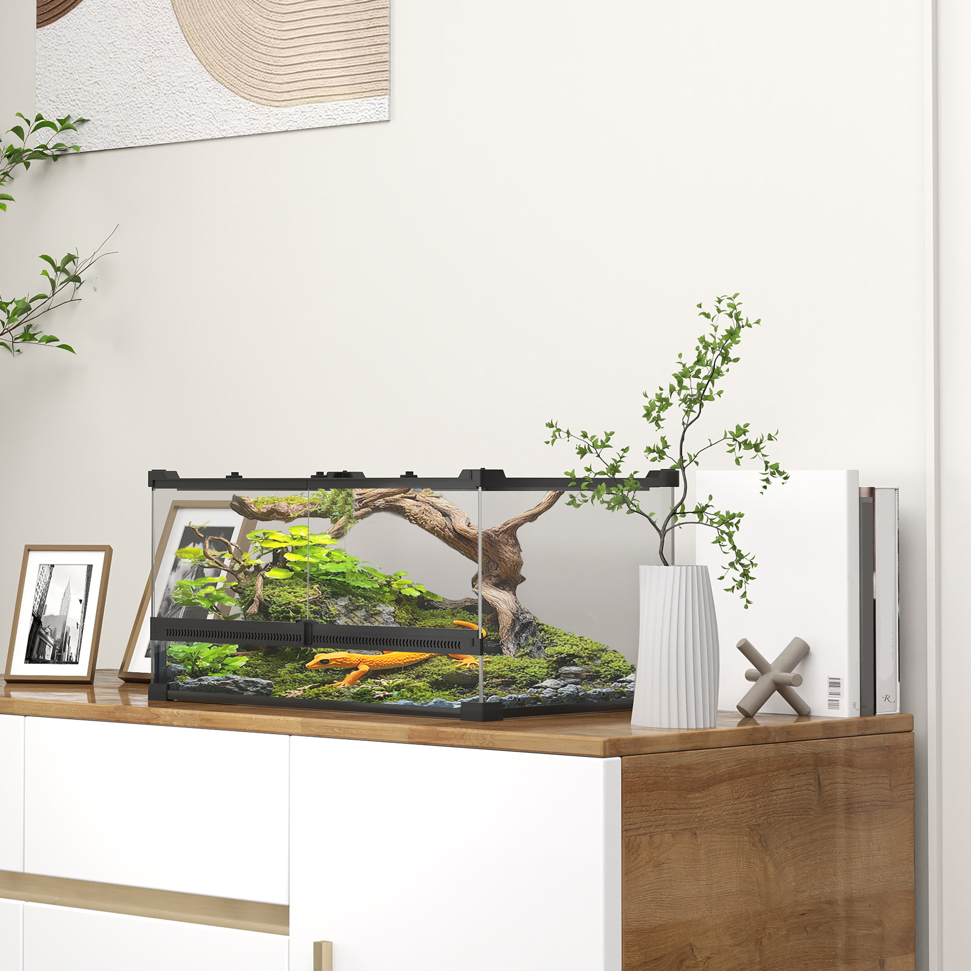 Glas-Terrarium für Reptilien, erhöhter & wasserdichter Boden, Knopfschloss