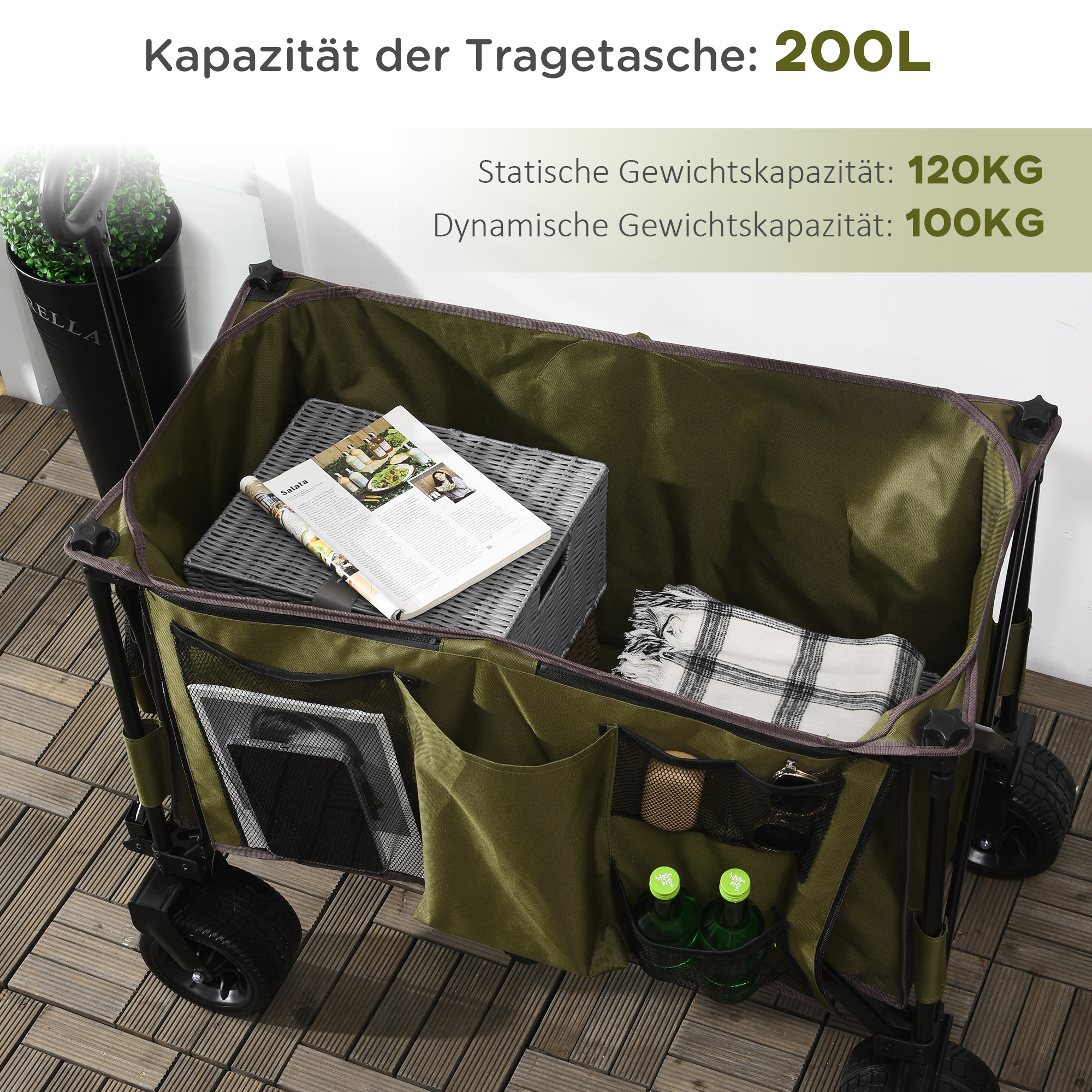 Bollerwagen, klappbar, 7 Seitentaschen, verstellbarer Griff, bis 120 kg, Stahl, grün, 100 x 48 x 100,5 cm