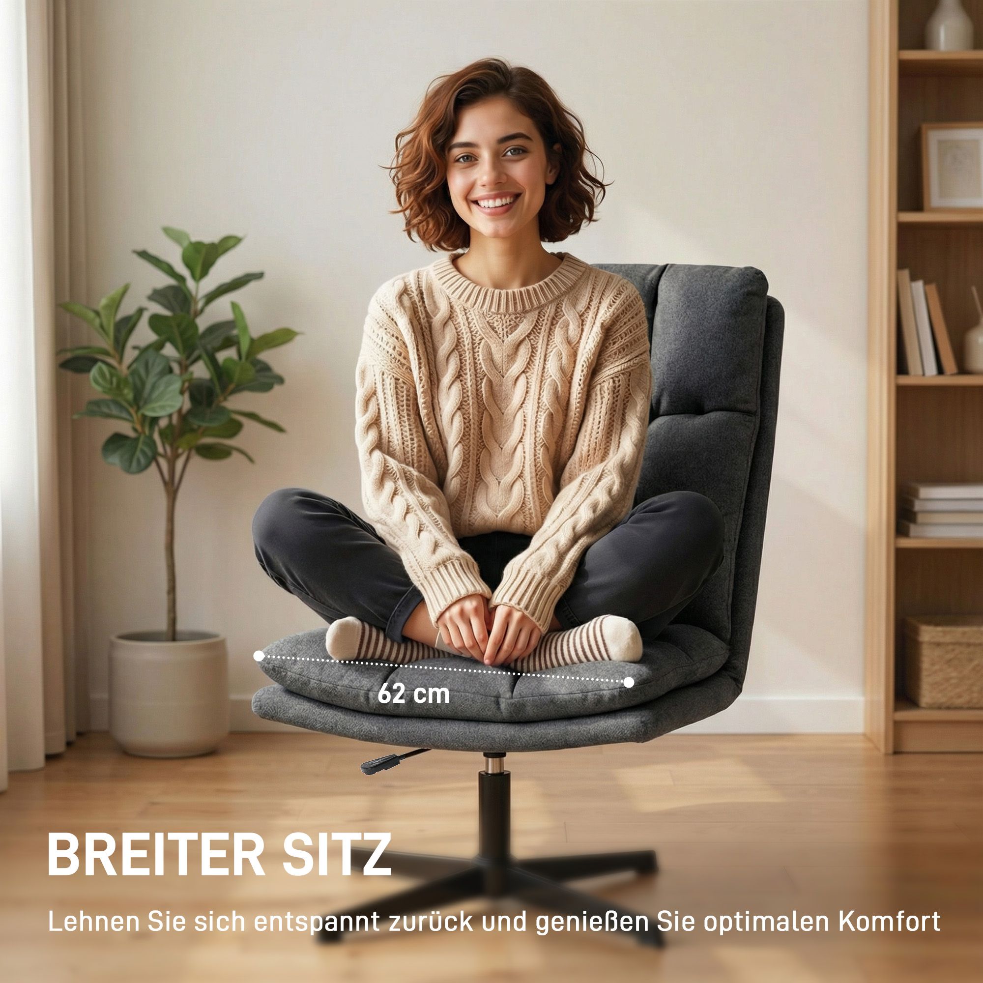 Drehbarer Akzentstuhl, Lesesessel aus Stoff in Leinenoptik ohne Armlehnen mit breitem Sitz und Metallbeinen, Dunkelgrau