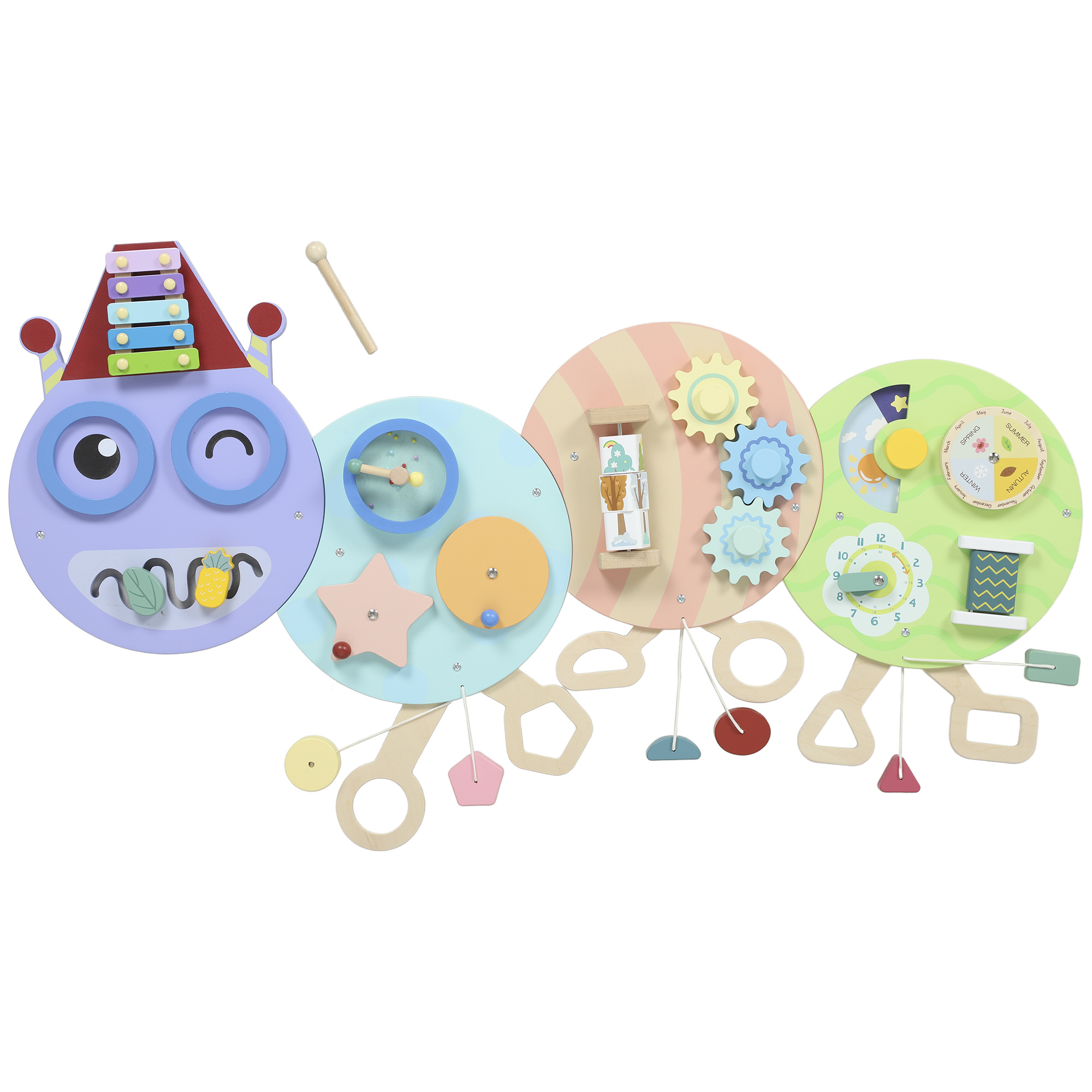 7-in-1 Wandspielzeug, Xylophon, Zahnräder, Raupen-Design, MDF, 108 cm, Bunt