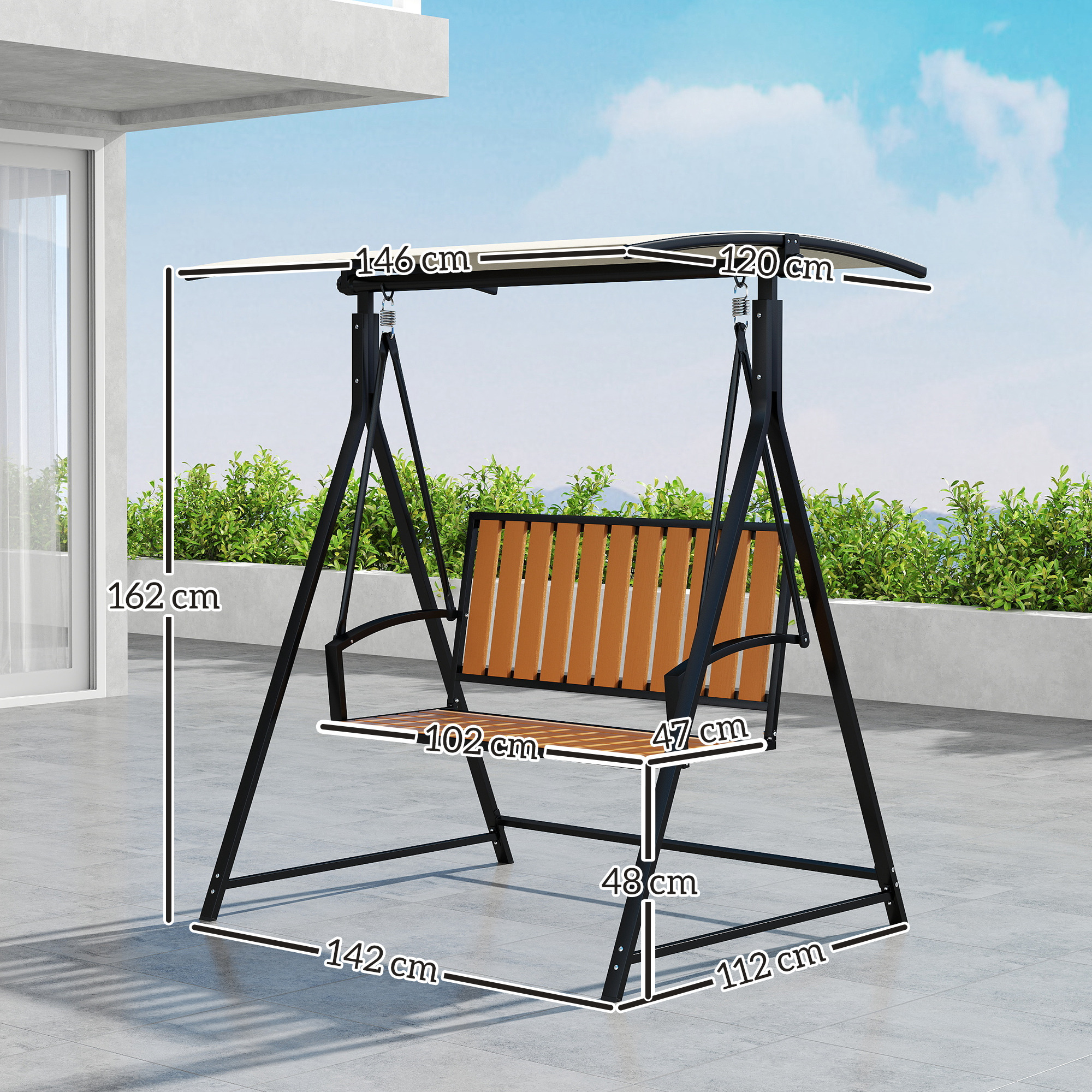 Hollywoodschaukel mit verstellbarem Sonnendach, 2-Sitzer Gartenschaukel 142 x 112 x 162cm, Schwarz