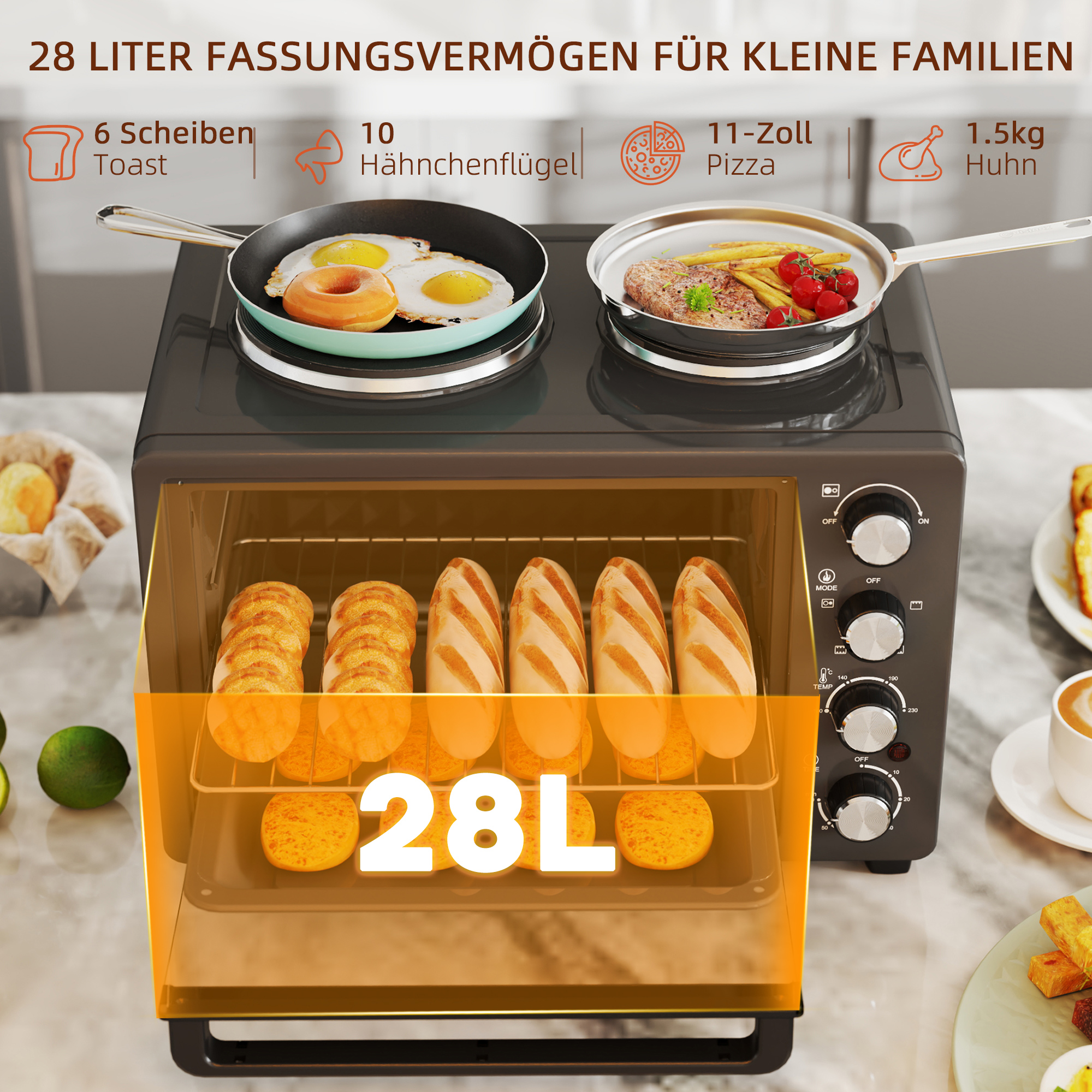 28 L Toasterofen, Kompakter Backofen zum Kochen und Grillen, Elektro-Ofen mit Backblech, Grillrost, 2600W, Schwarz
