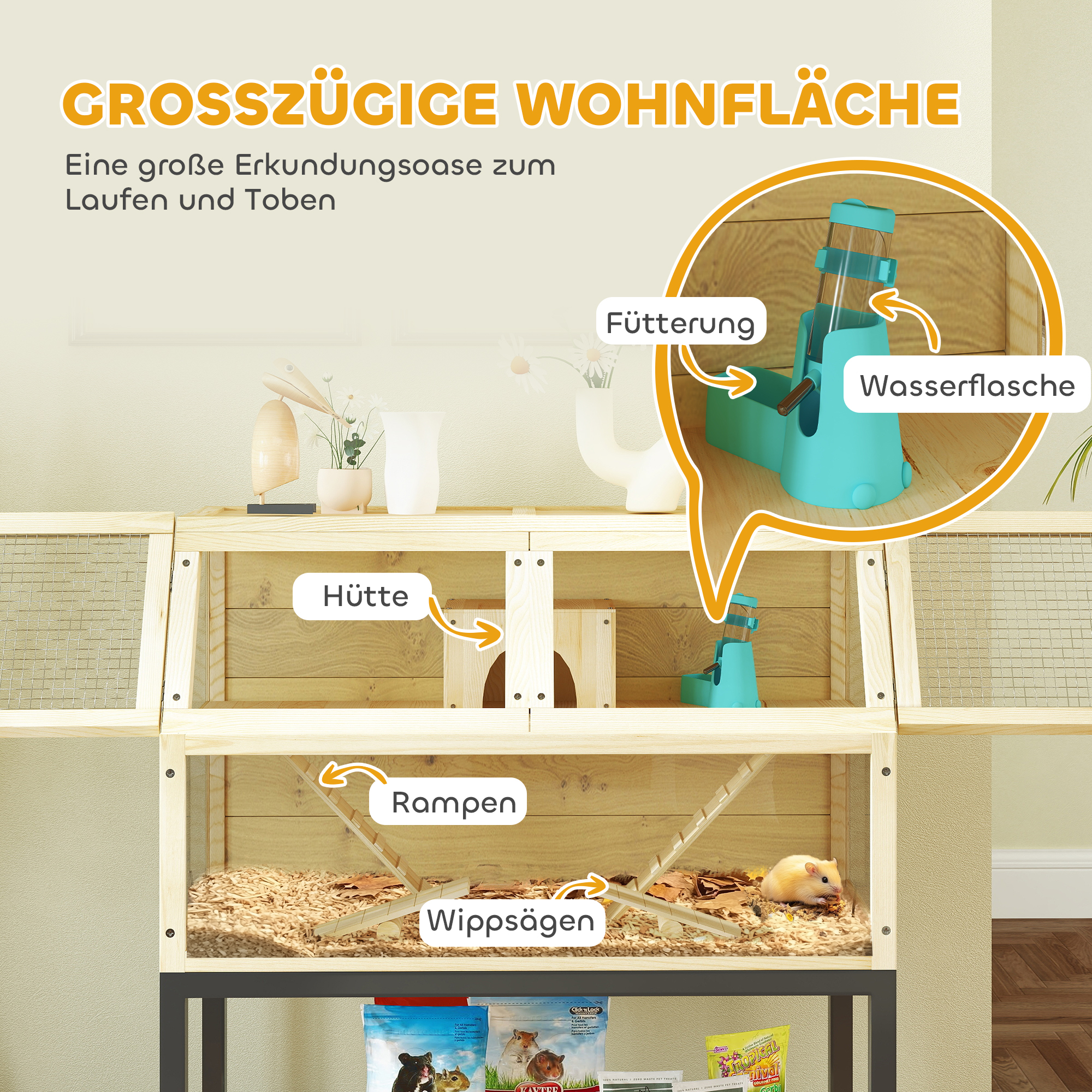 Zwerghamsterkäfig aus Holz mit Ablagefach, Rädern, Rampen, Wasserflasche, Hütte, Wippen, 87 x 43 x 101cm