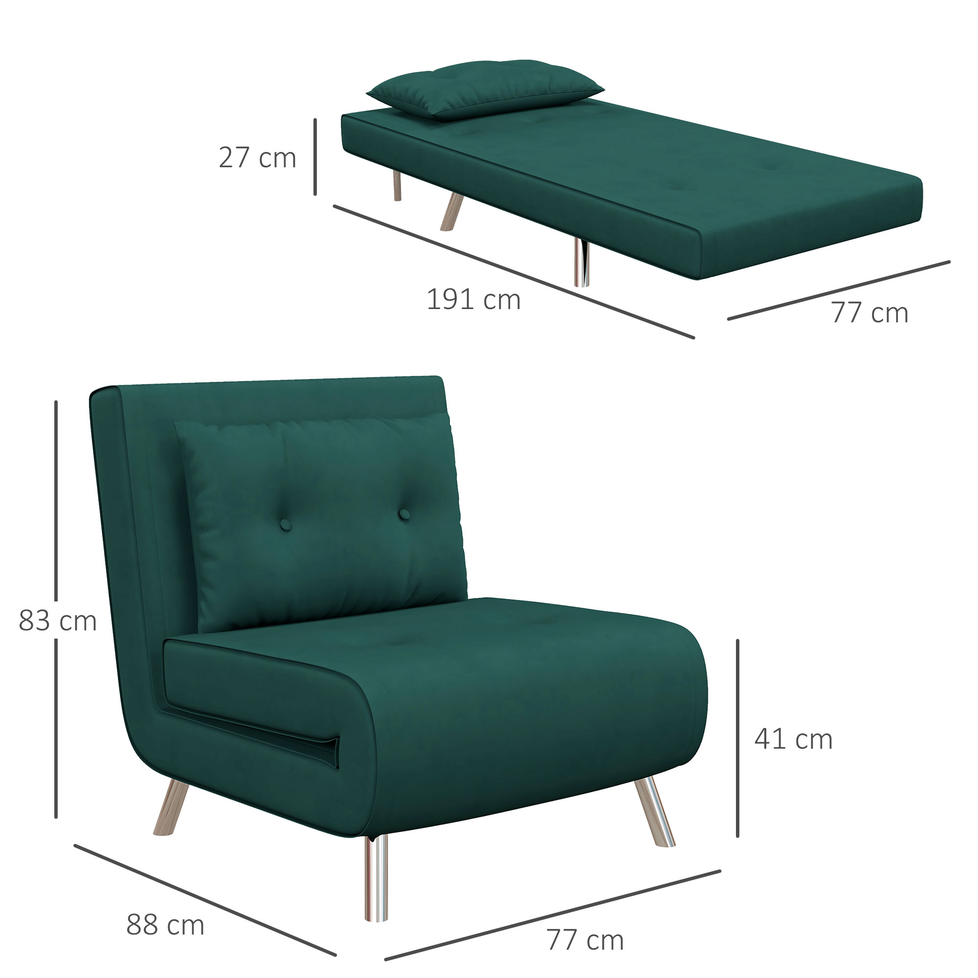 Liegesessel Sessel mit Liegefunktion Schlafsessel, Knopfheftung, Leinenoptik, 77 cm x 88 cm x 83 cm, Grün