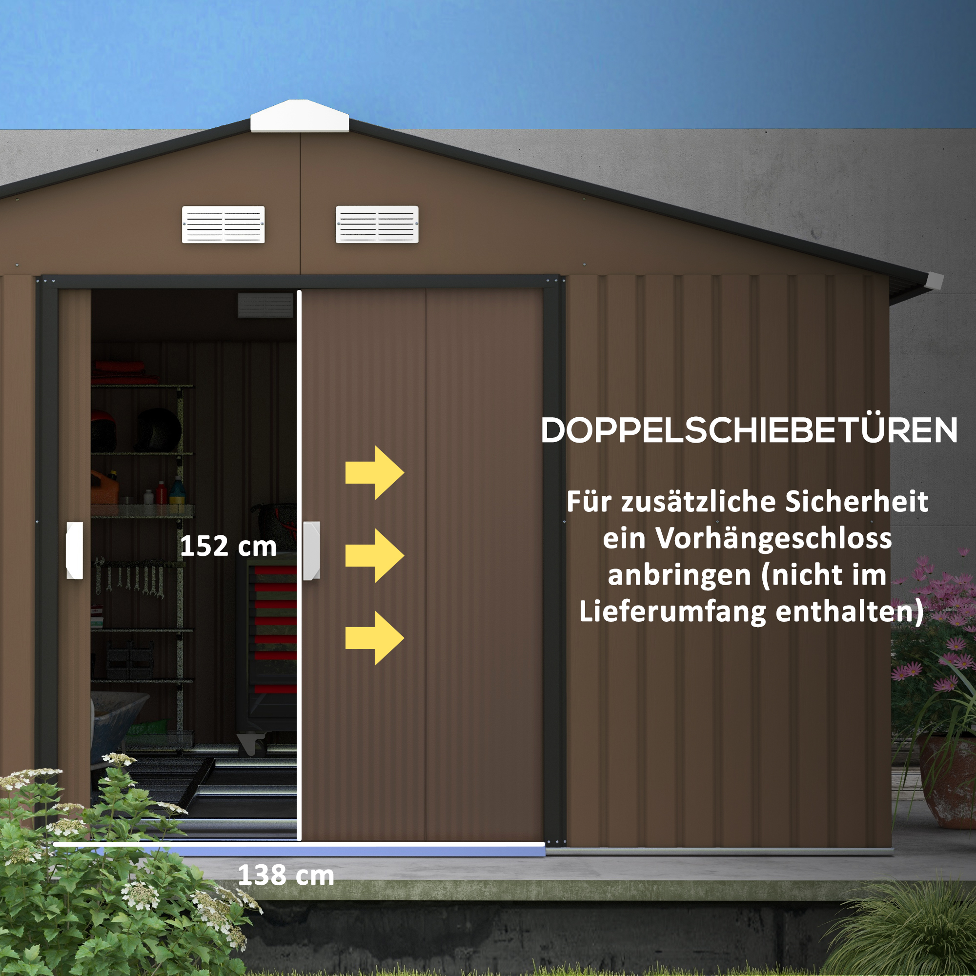 Geräteschuppen, Wetterfestes Gartenhaus für Gartengeräte, mit Belüftungsfenstern, Schiebetüren, Stahl, Braun