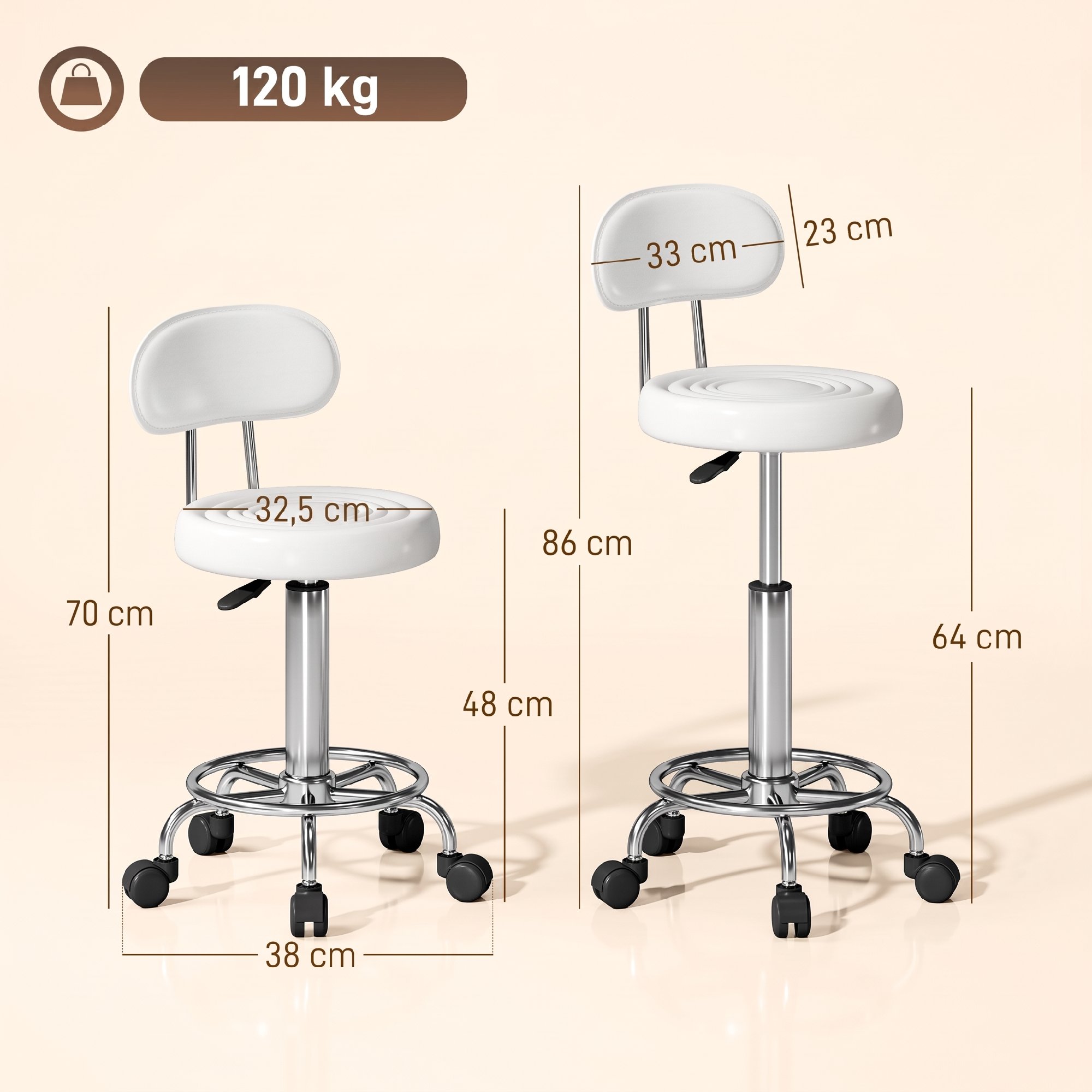 Rollhocker, Drehbarer und verstellbarer Hocker mit Rückenlehne, Kunstlederbezug, Fußstütze, für Frisiertische, Weiß