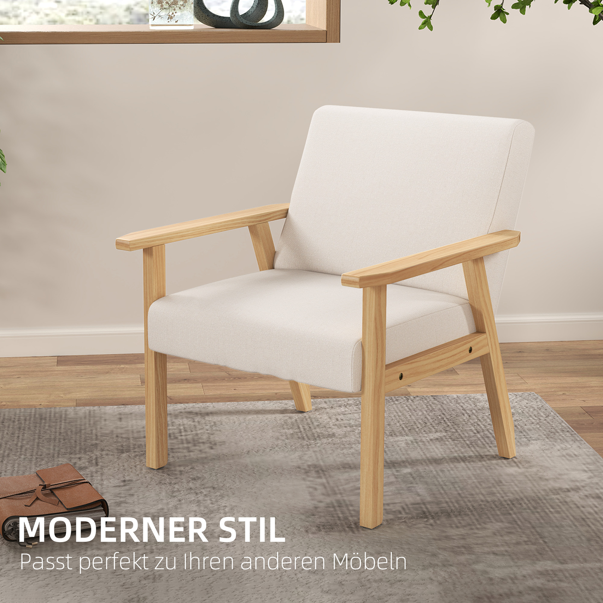Polstersessel mit Armlehnen, Esszimmerstuhl in Leinenoptik, Massivholzrahmen, 64 x 70 x 72 cm, Creme