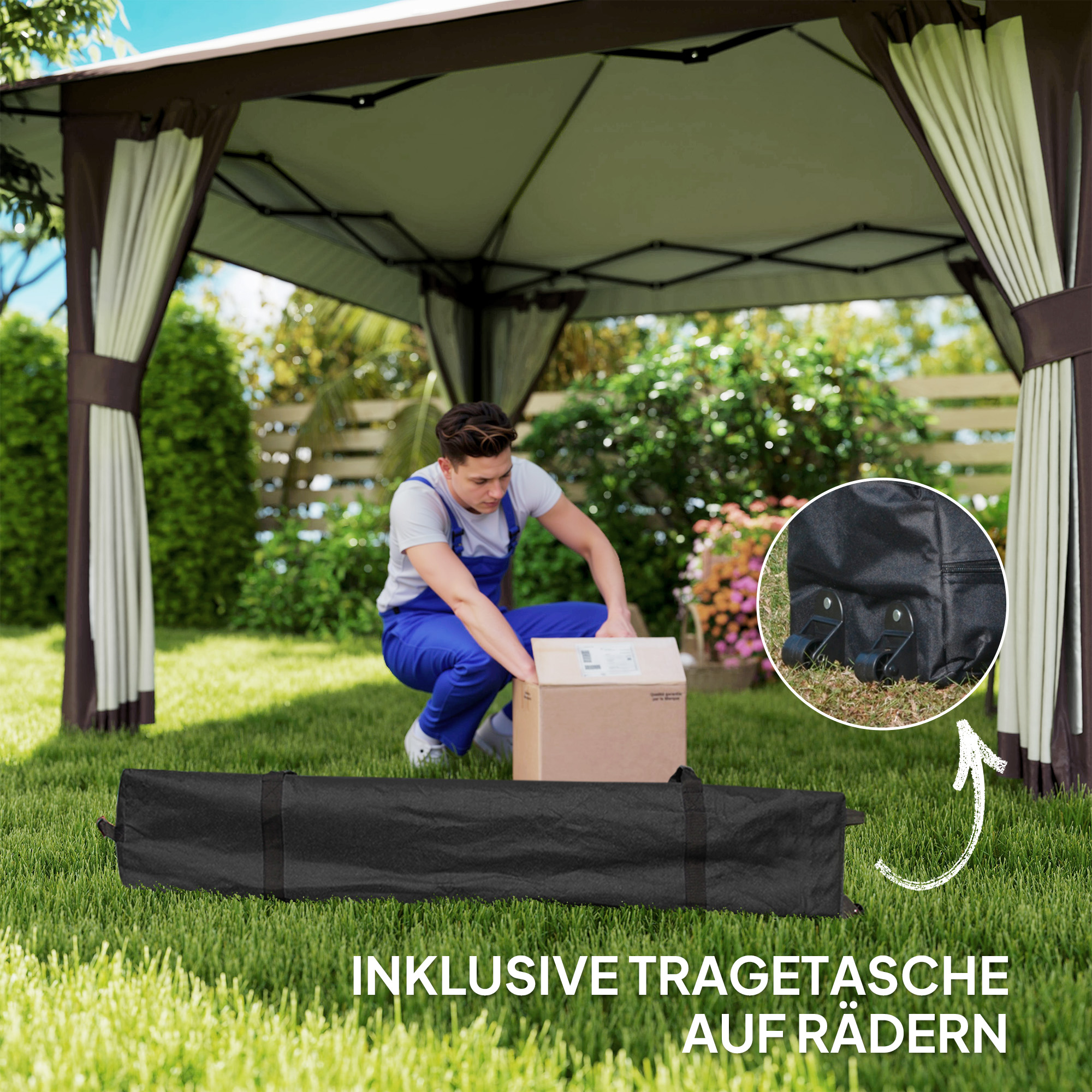 4 x 4 m Garten-Pavillon, Gartenzelt mit Netzwänden, UPF50+ Schutz, Höhenverstellbares Partyzelt, Beige