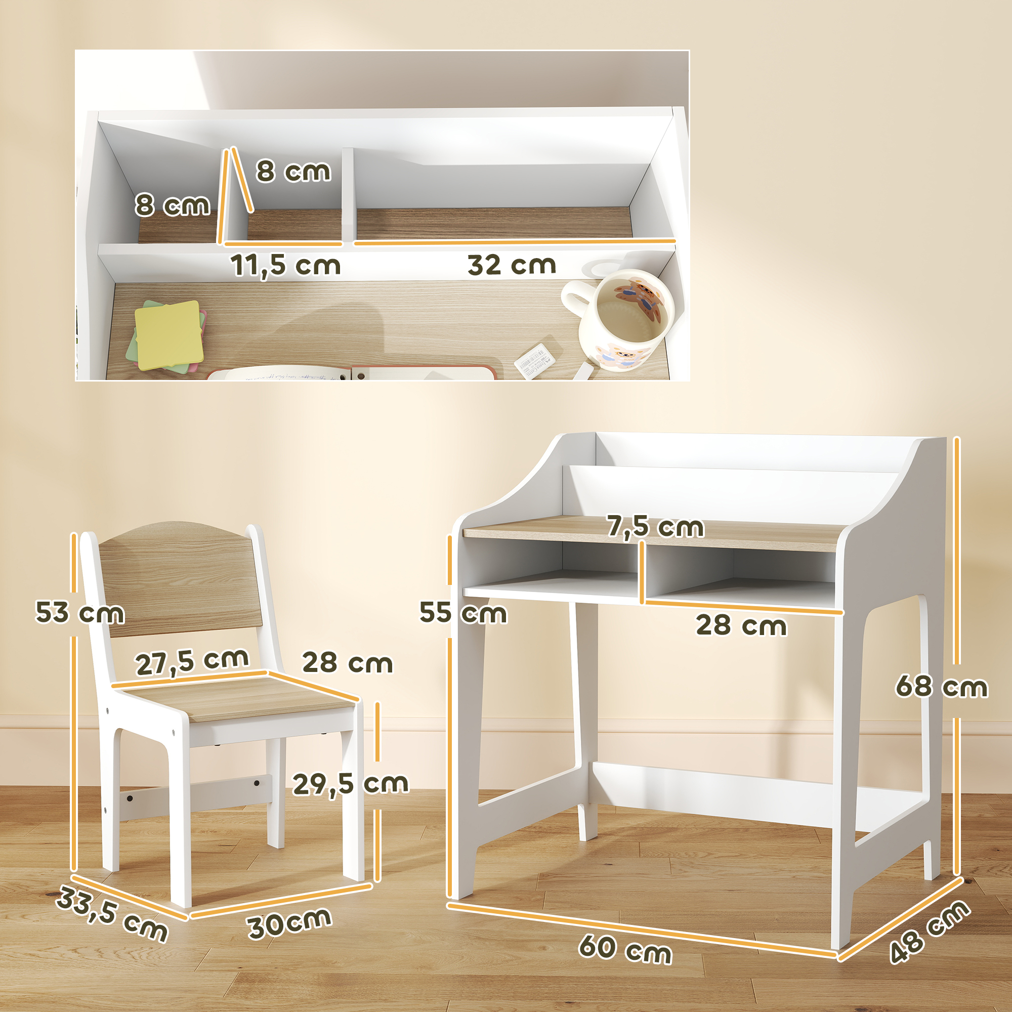Kinder-Schreibtisch-Set mit Stauraum, offene Fächer, Stuhl, 3-8 Jahre, Holz