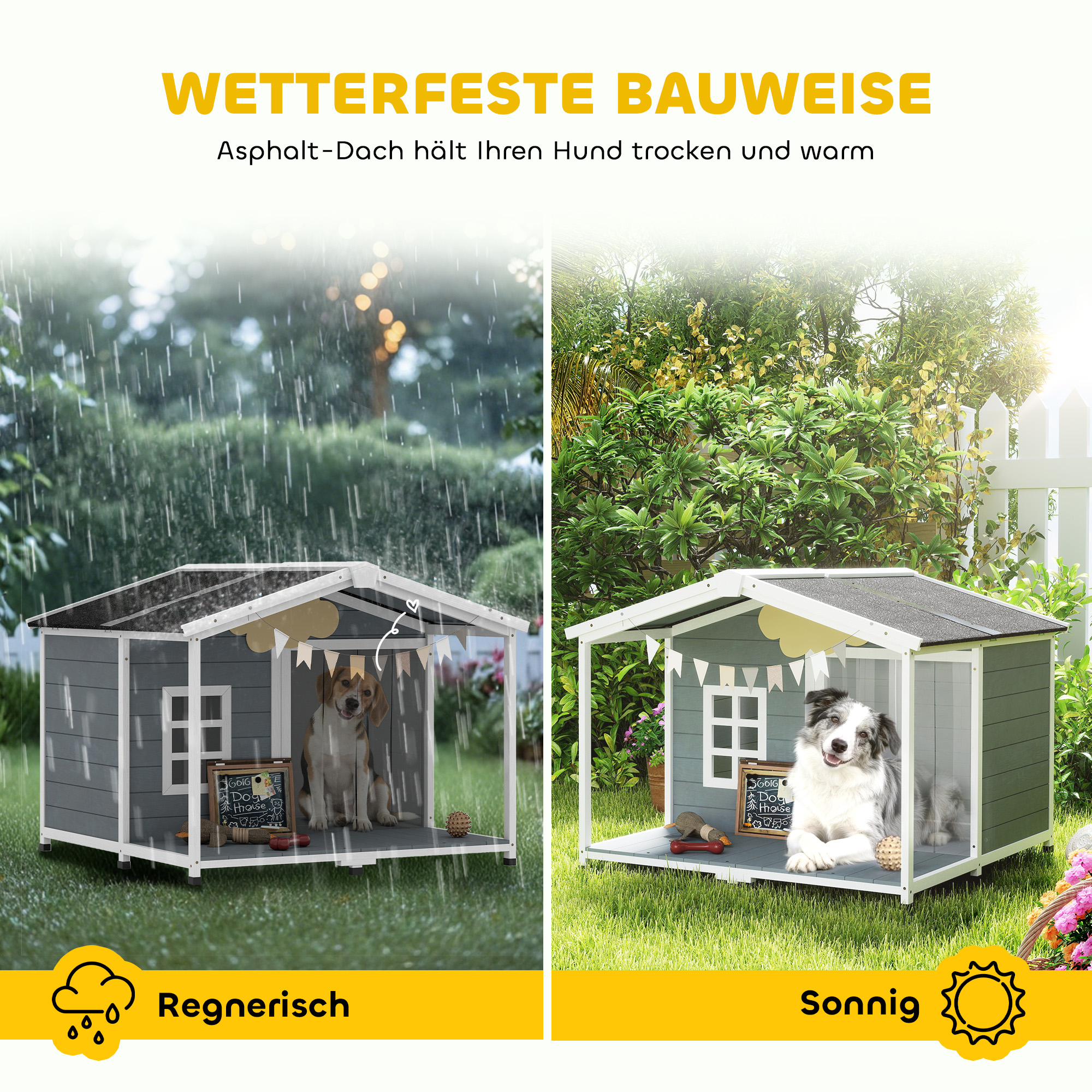 Hundehütte wetterfestes erhöhtes Hundehaus aus Holz mit Asphaltdach, Terrasse, für mittelgroße Hunde 103x107x83,5cm Grau