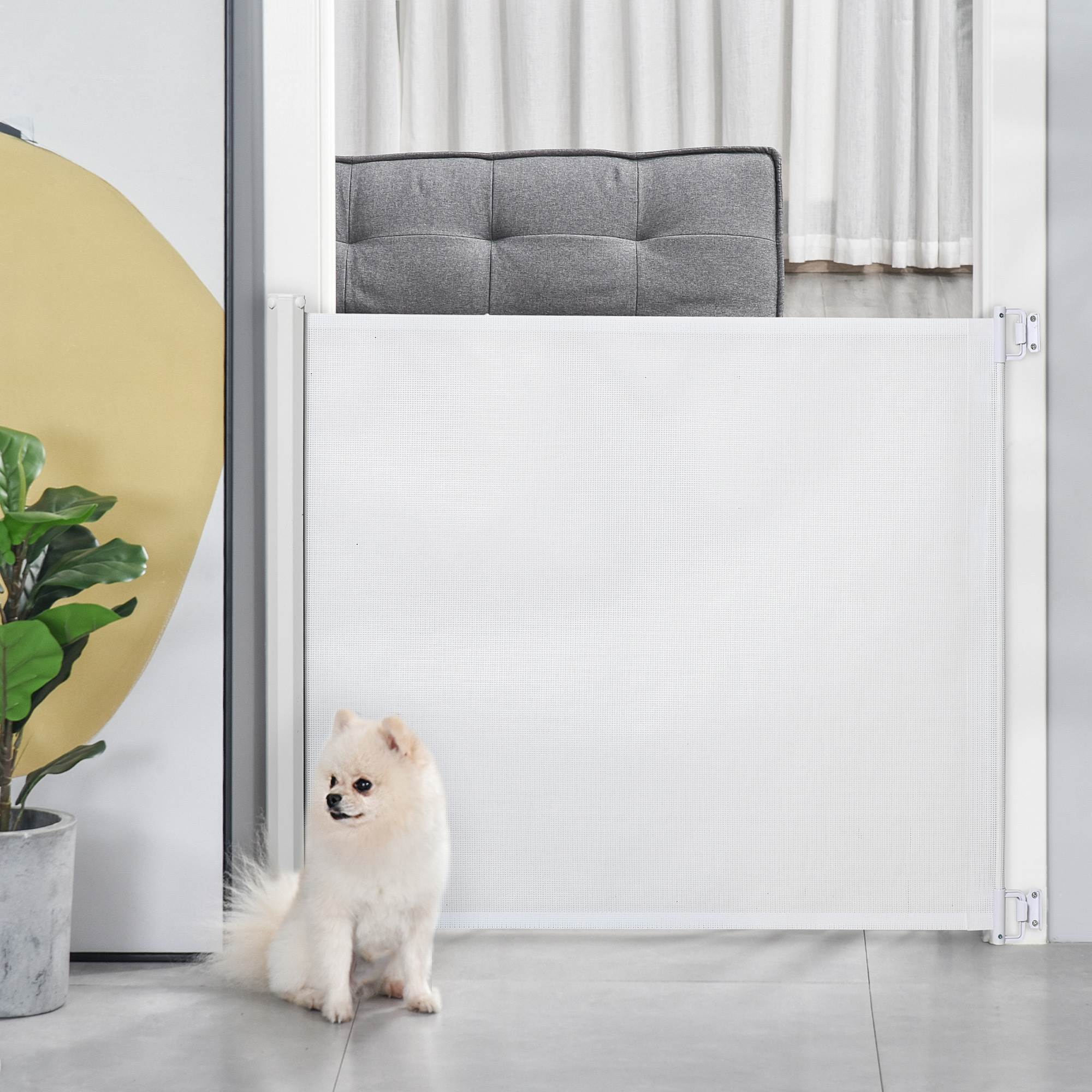 Treppenschutzgitter 115 cm Hunde Türschutzgitter Treppenschutz Sicherheitstrennwand Trennwand Türschutz ausziehbar treppenschutzrollo Rollo Einrollbar kunststoff Weiß