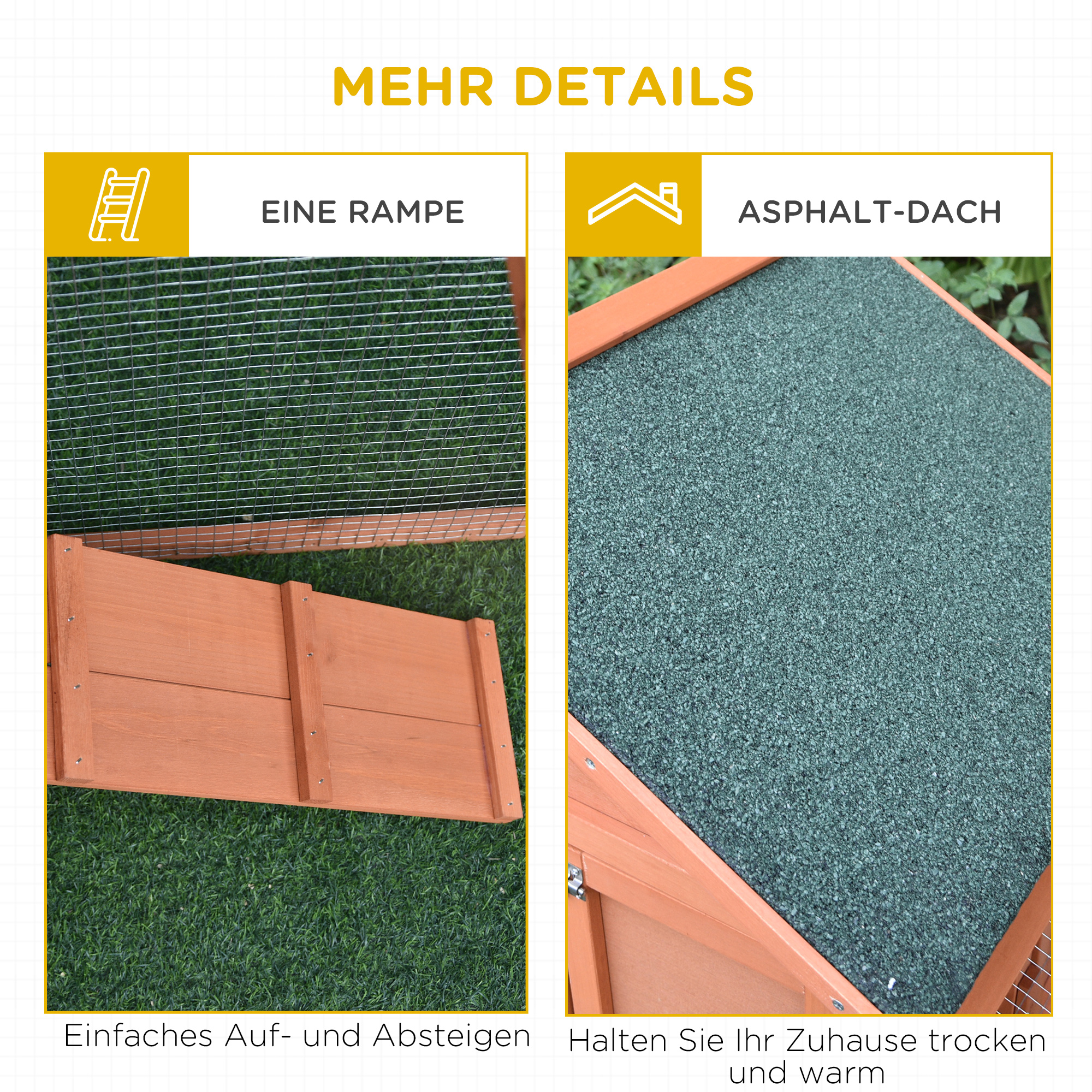 Kaninchenstall aus Holz auf Zwei Etagen mit Rampe 144x64,5x100 cm Hasenstall mit wasserabweisend Bitumendach Kleintierstall Winterfest für draußen mit mehreren Eingängen herausnehmbar Schublade