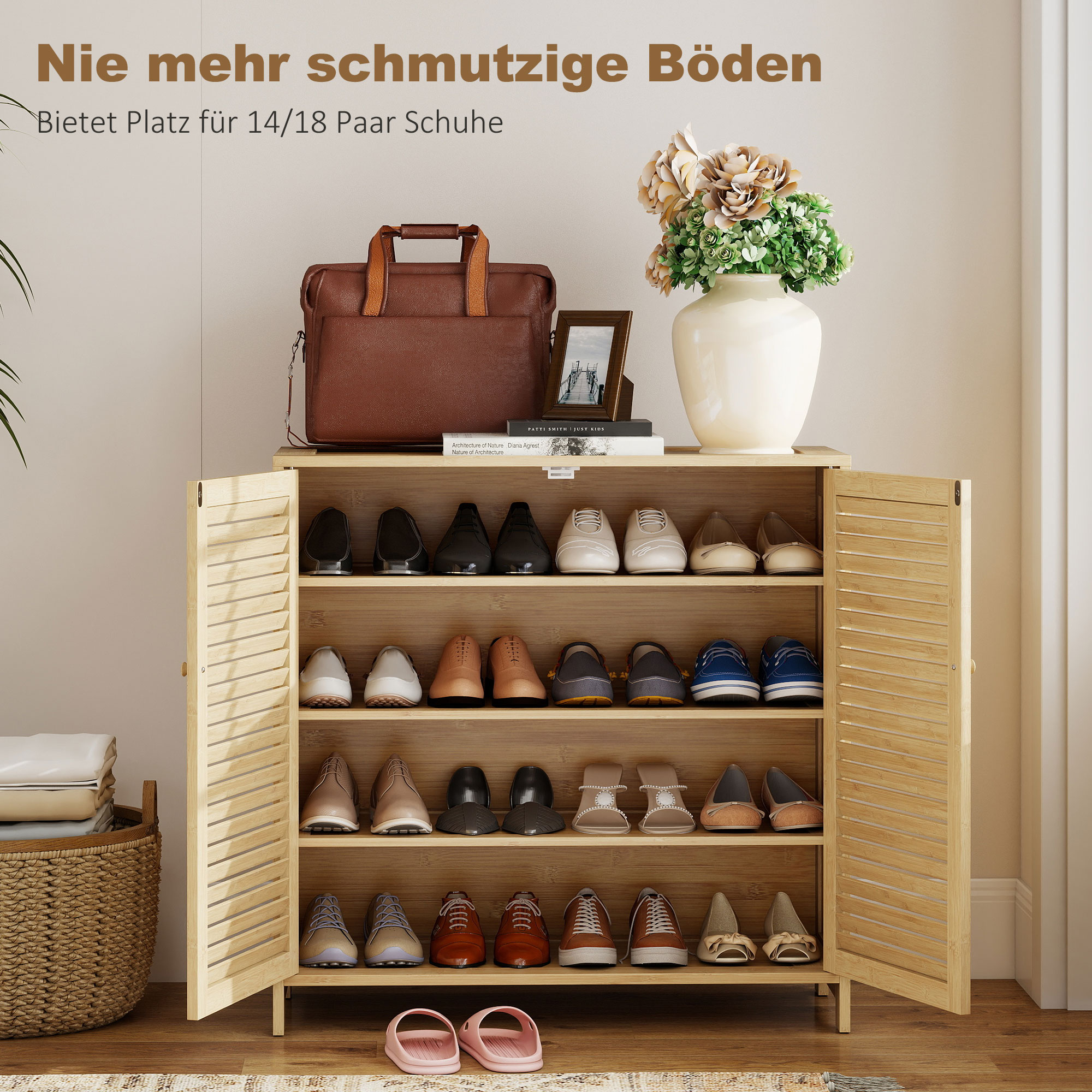 schmaler Schuhschrank, Rattan, schmal, hoch, Holz, kleine Schublade, dünn