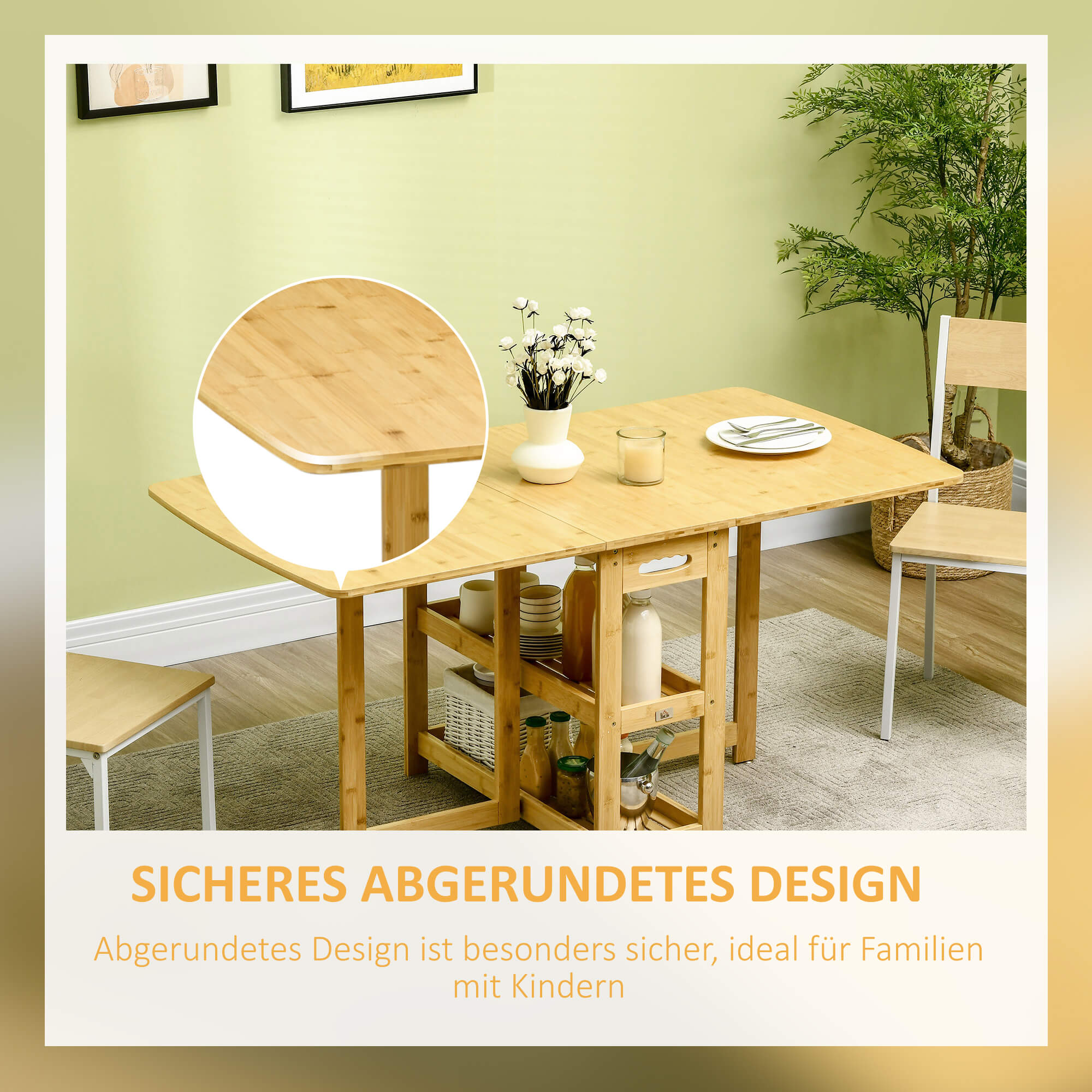 Klapptisch, Esstisch, zwei klappbare Seiten, zwei Ablagen, verstellbare Füße, Bambus, 149,5 x 80 x 73,5cm