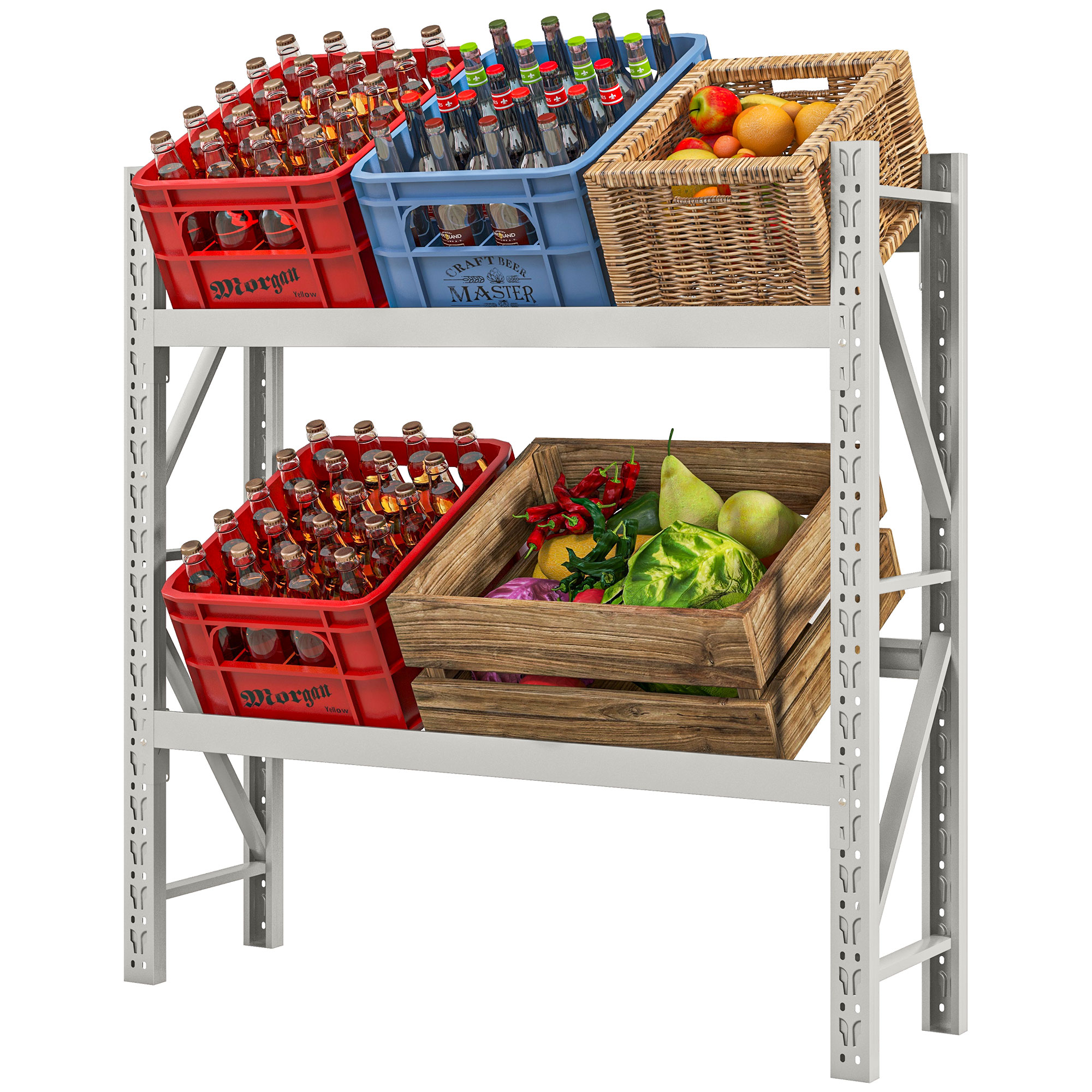Getränkekistenregal, bis 6 Kisten, höhenverstellbar, Stahlrahmen, 110x30x110 cm, Weiß Getränkekistenregal, bis 6 Kisten, höhenverstellbar, Stahlrahmen, 110x30x110 cm, Weiß