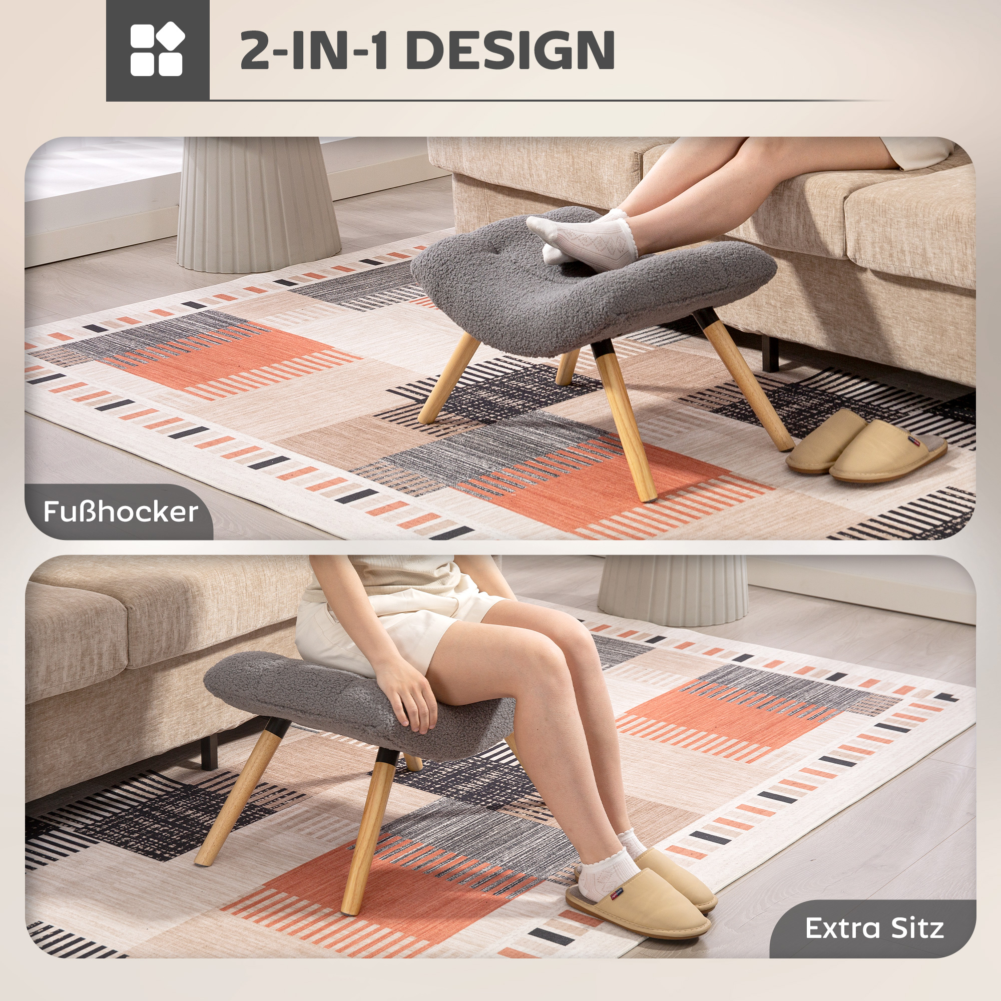 moderner Fußhocker mit Fleece-Bezug und Holzbeinen, gepolstert, für Wohnzimmer, Schlafzimmer, Flur, Dunkelgrau