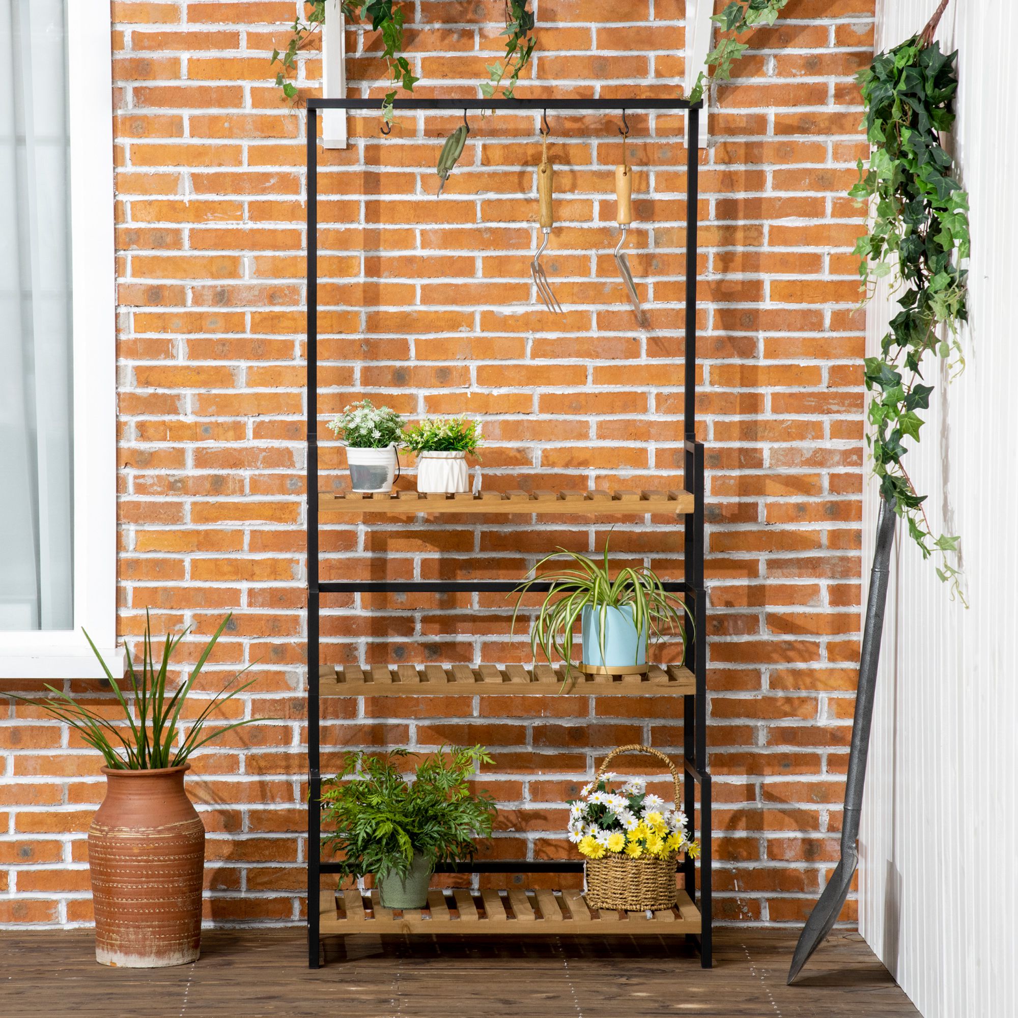 Pflanzenregal mit 3 Ebenen und Befestigungshaken, Blumentreppe aus Naturholz, 80 cm x 36 cm x 174 cm, Natur