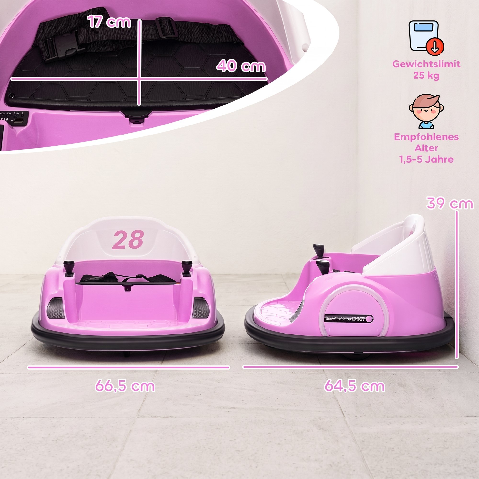 Autoscooter, 360° Rotation, 2 km/h Geschwindigkeit, Sicherheitsgurt, LED-Lichter, Musik und Hupe, Rosa