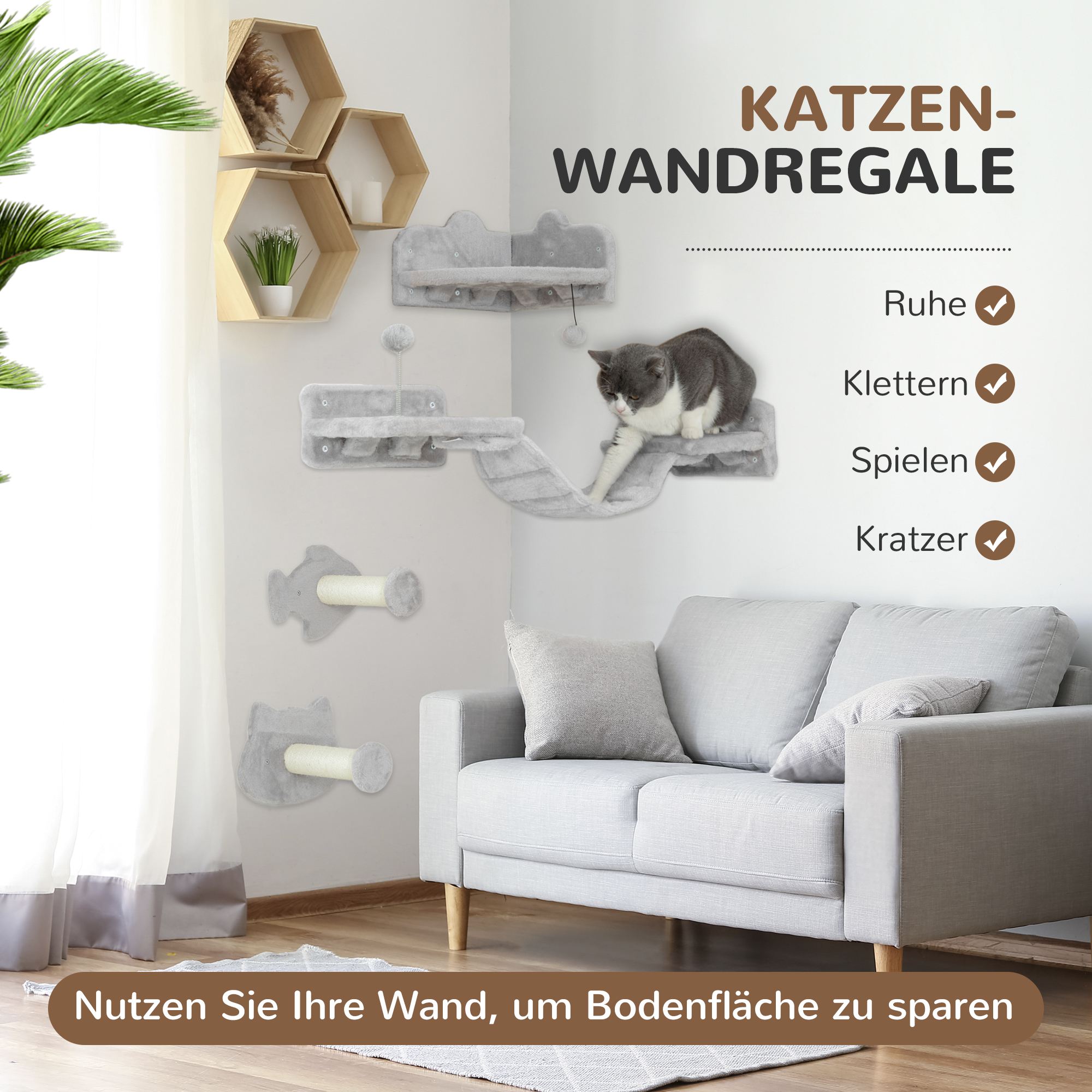 Katzentreppen-Set, 4-teilig, Kratzmöbel mit Sisal-Stufen, doppelter Plattform, Hellgrau/Cremeweiß
