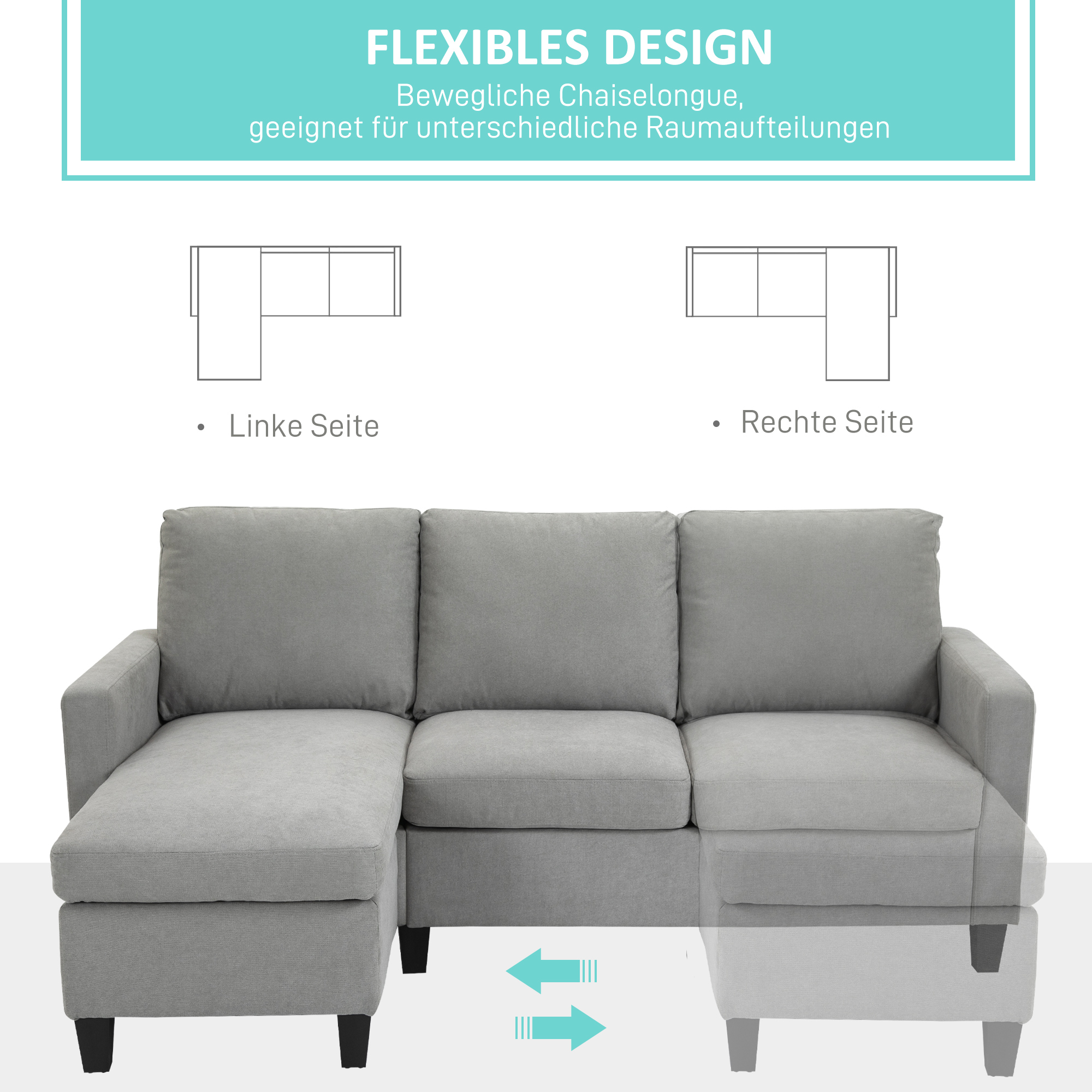 Ecksofa mit Schlaffunktion, 3-Sitzer-Sofa mit Bettkasten und Kissen, Eckcouch, L-Form Couch, Stoffbezug, Grau