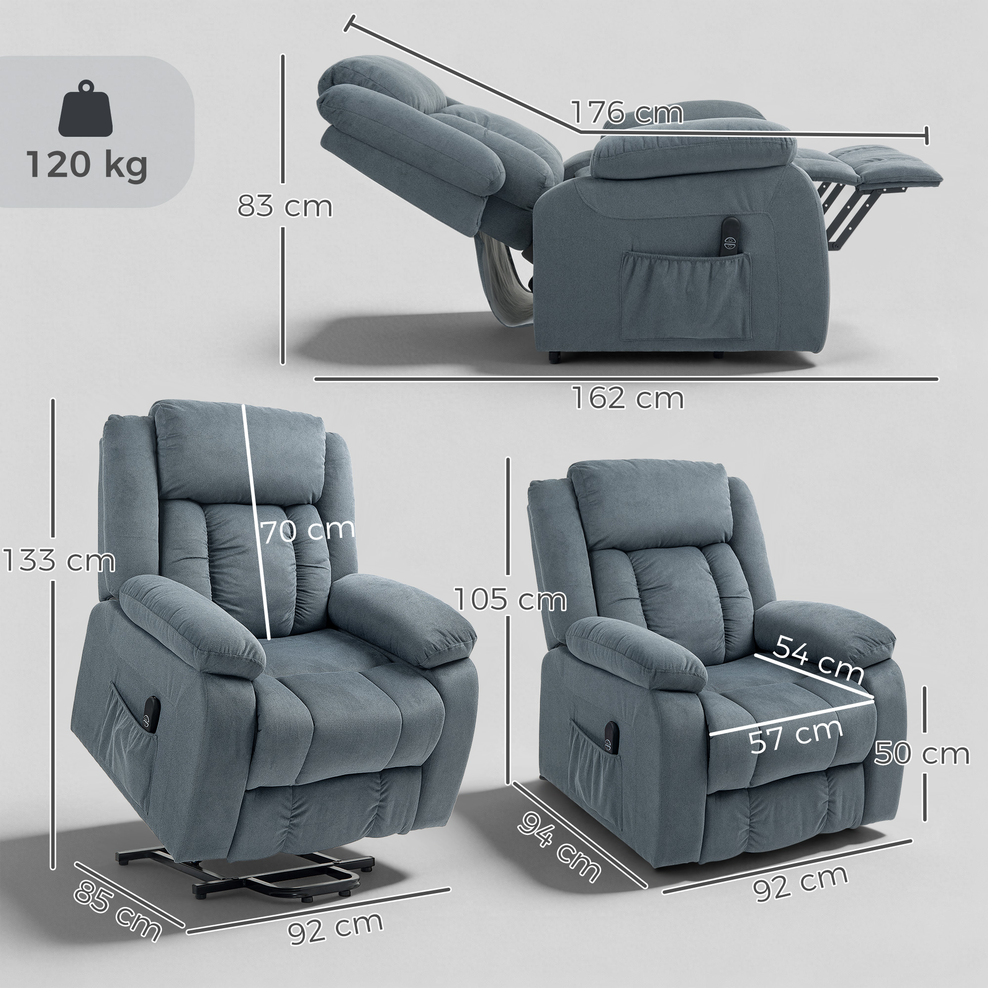 Aufstehsessel mit weichem Bezug, Recliner-Sessel mit Fernbedienung und Seitentaschen, Grau