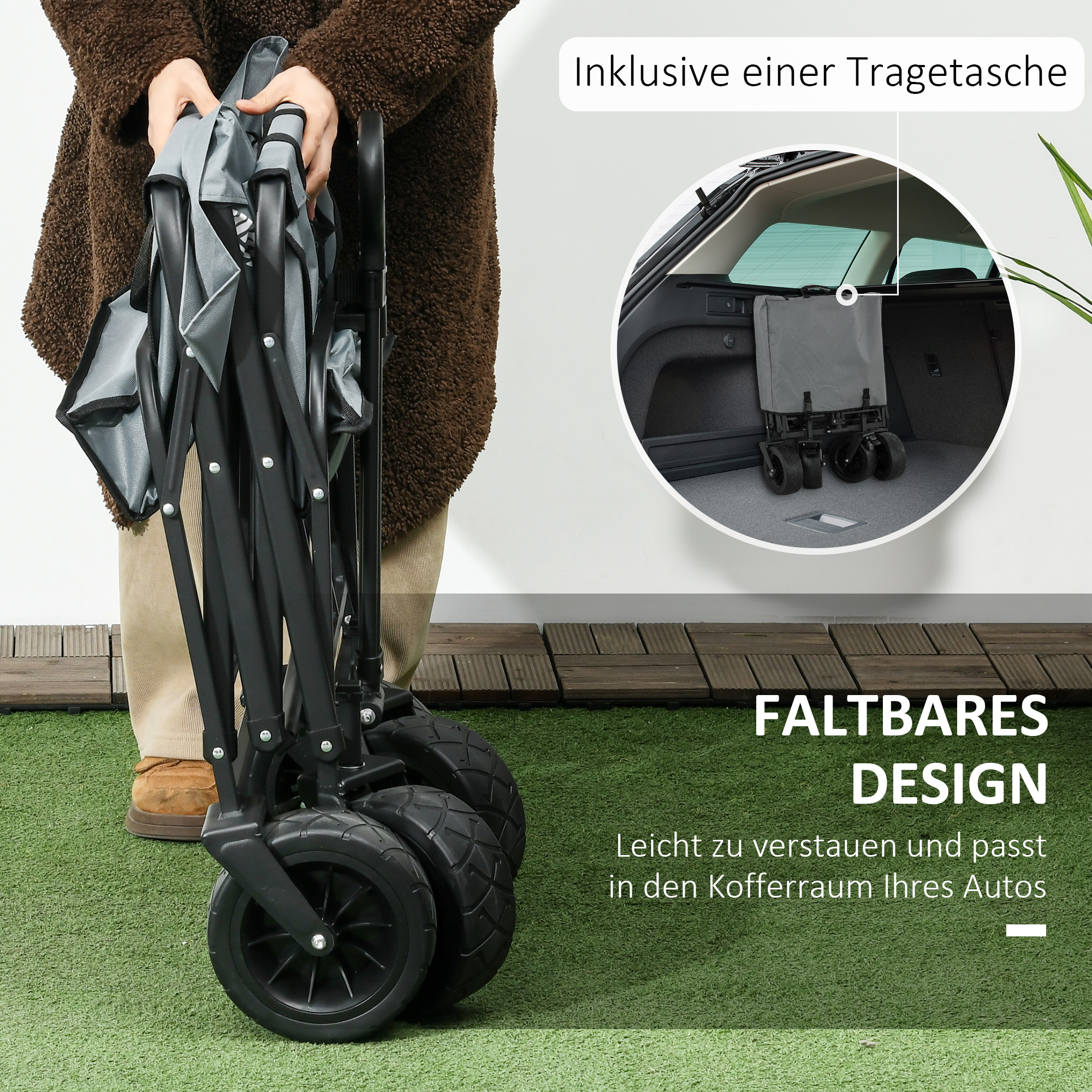 Bollerwagen mit Kühltasche, klappbar, Stahlrahmen, bis 100 kg, 113x57x77-100 cm, Dunkelgrau