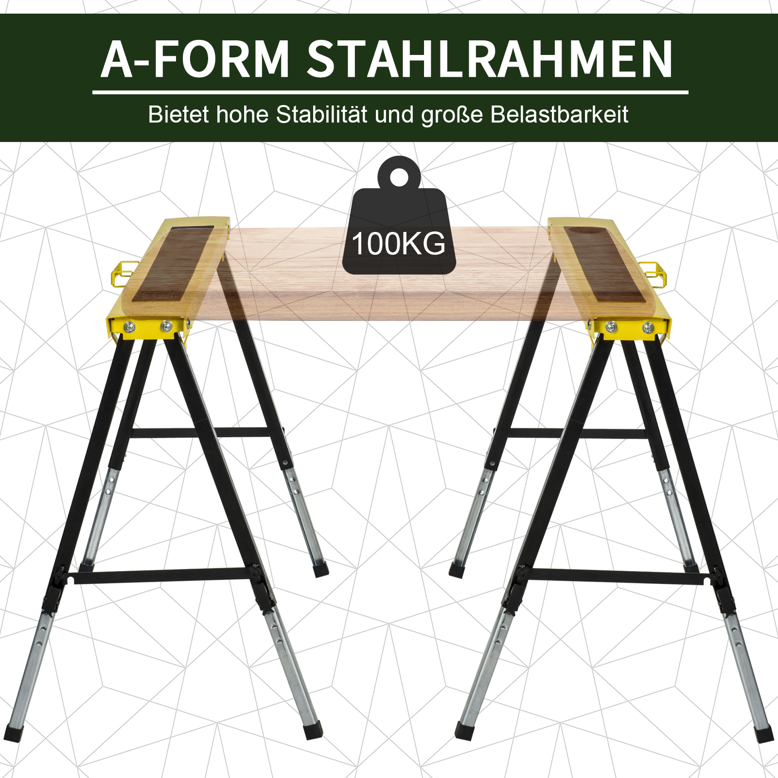 2er-Set Sägepferd Arbeitsbock Unterstellbock Klappbar rutschfest Stahl Gelb Schwarz 100 x 49 x 62-90 cm Belastbarkeit 100 kg