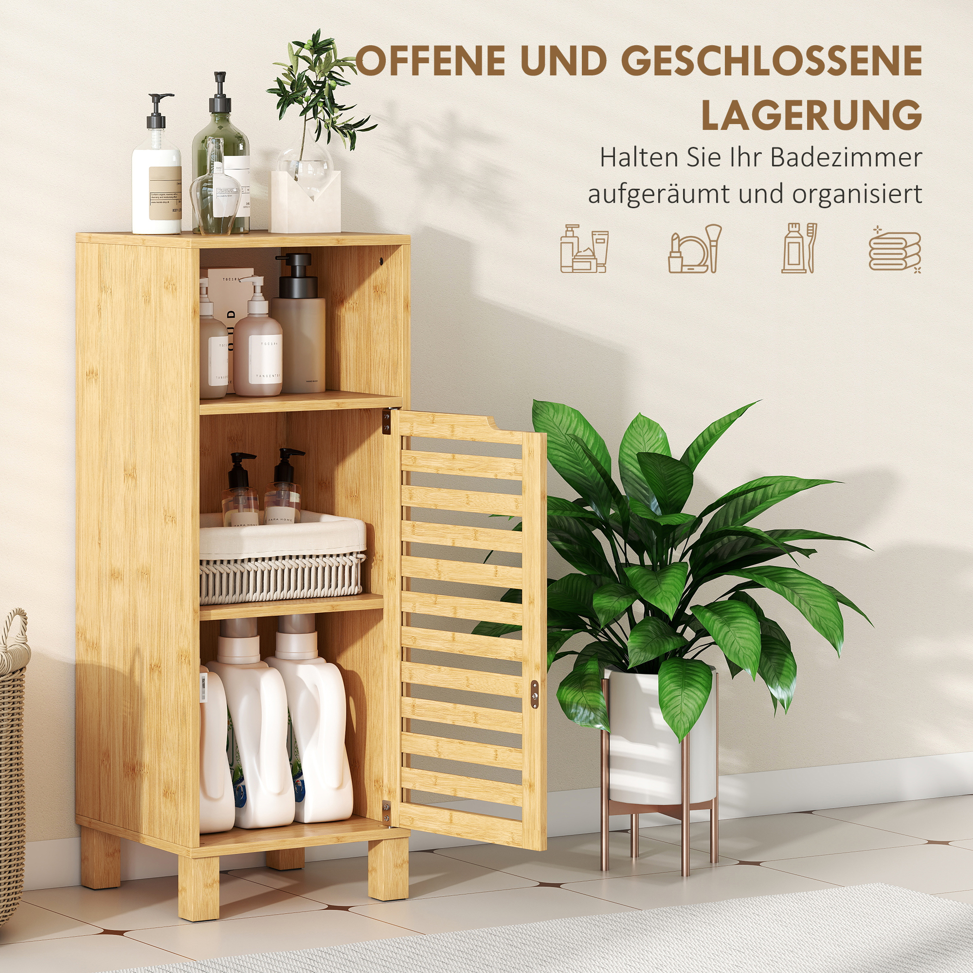 Badezimmerschrank, offenes Regal, Schrank, Bambusholz, Lamellentür, Hellbraun