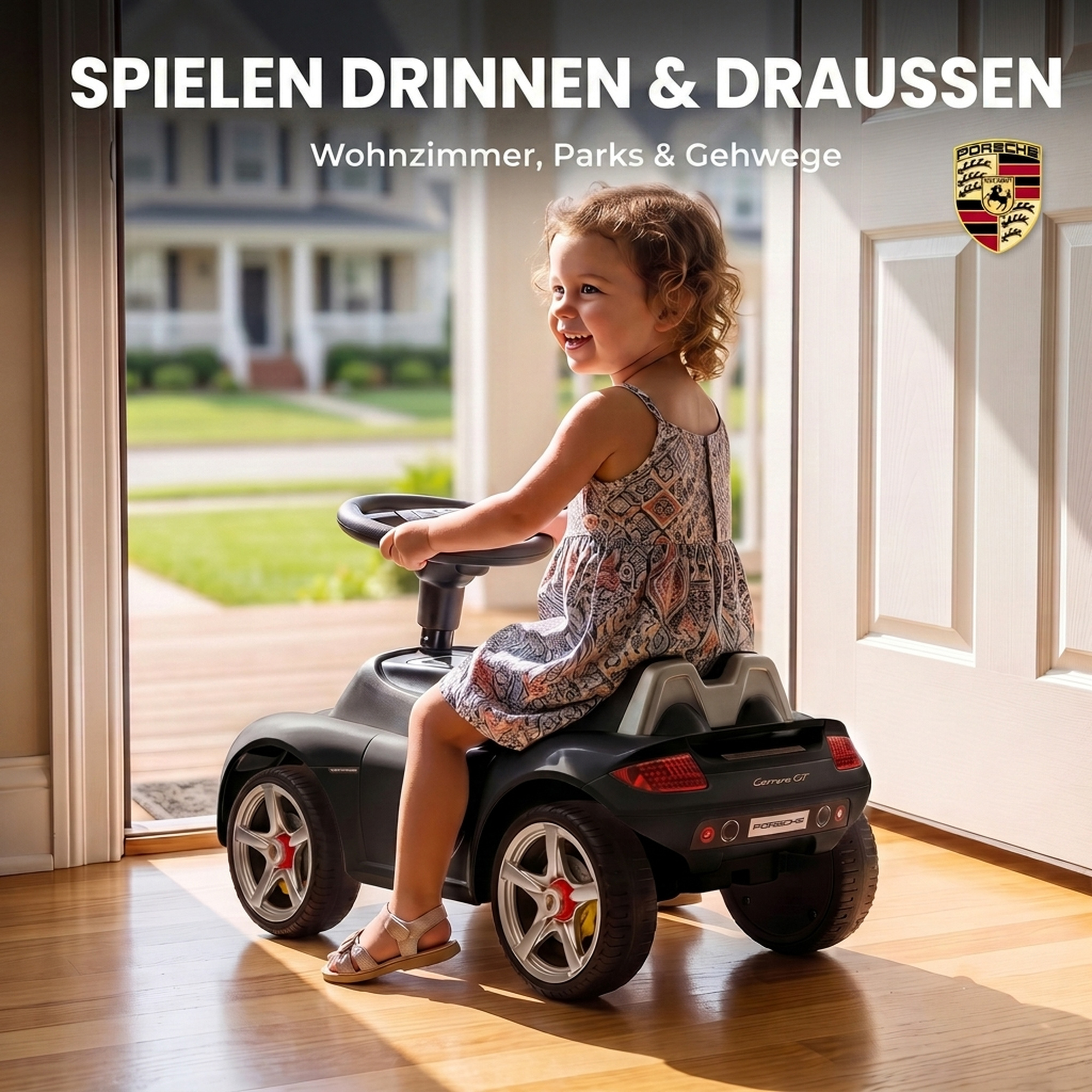 Rutschauto Kinder Porsche Rutschfahrzeug mit Hupe Licht Motorgeräuschen, für 18–36 Monate, Mattschwarz