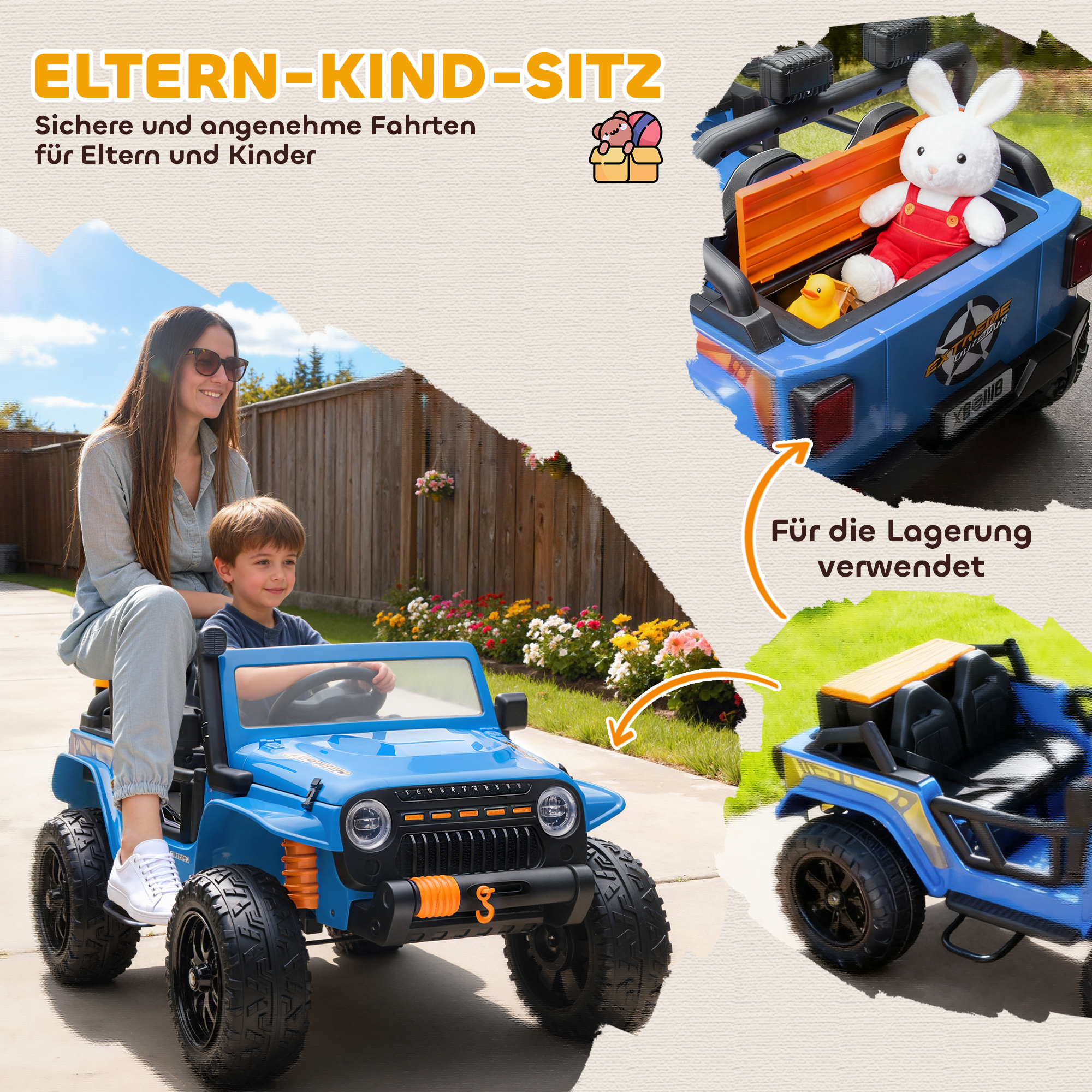 Elektrofahrzeug für Kinder, 12V Batterie, mit Eltern-Kind-Sitz, fernsteuerbar, Musik, Hupe, LED-Lichter, 3-8 Jahre, Blau