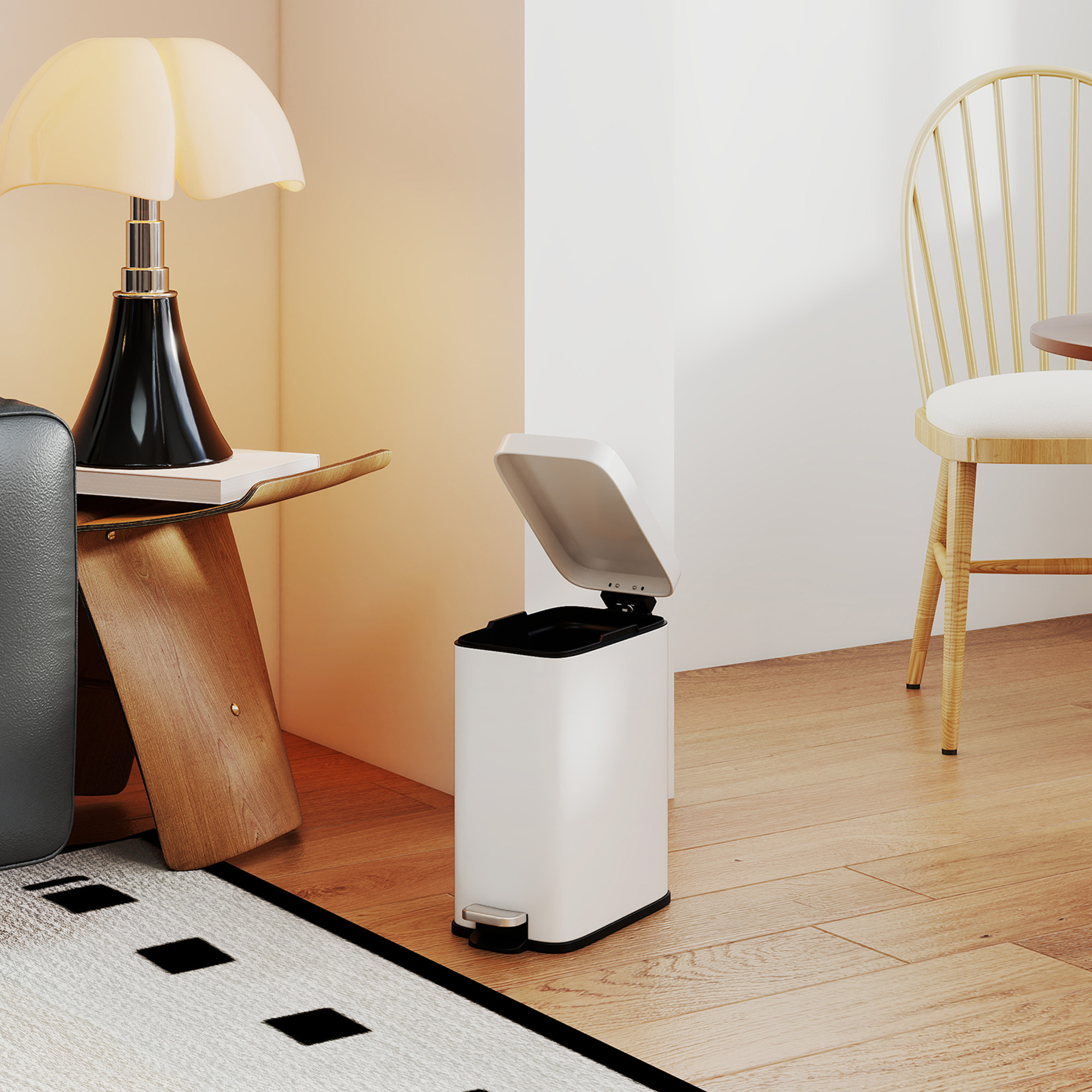 Mülleimer aus Metall, Abfalleimer, 5 L Fassungsvermögen, mit Fußpedal, mit Inneneimer, Weiß