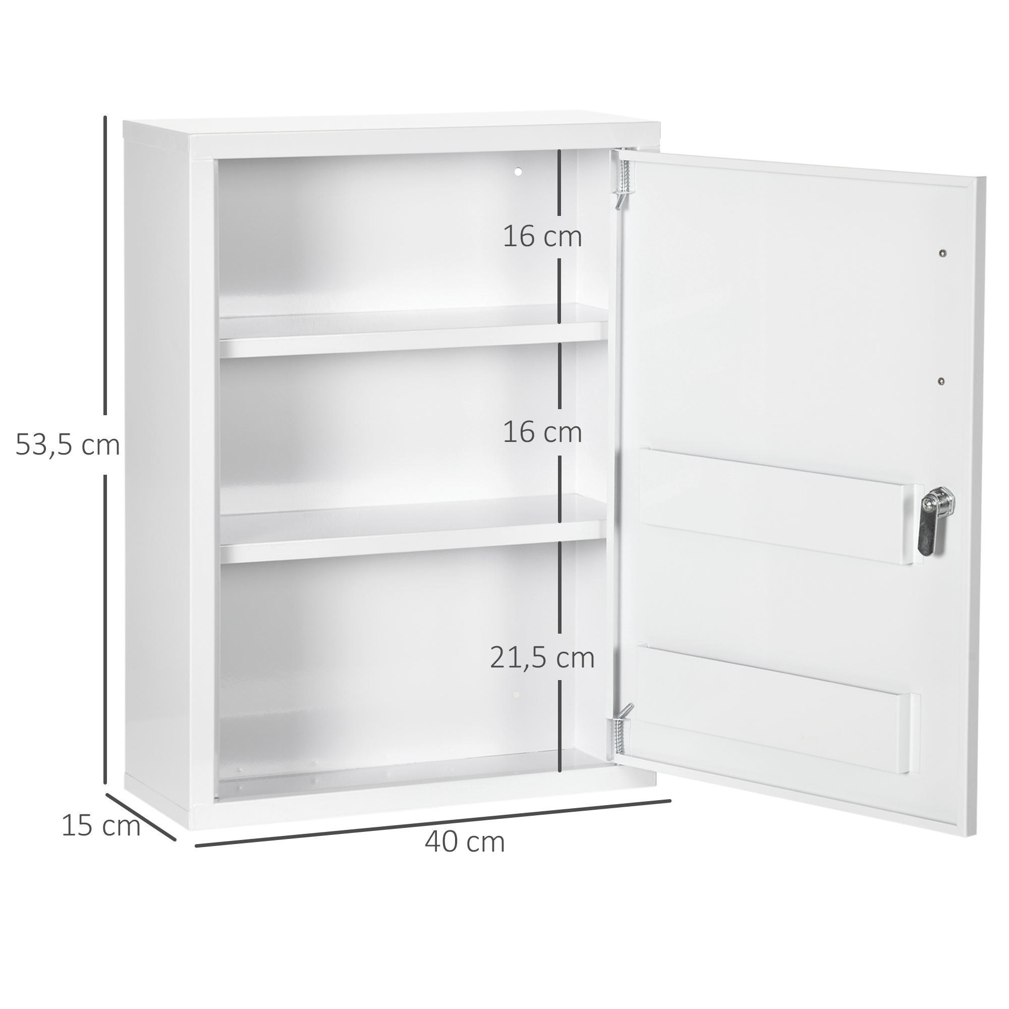 Medizinschrank, 3 Fächer, abschließbar, mit Rezeptfach, stabiles Stahlgehäuse, weiß, 40 x 15 x 53,5 cm