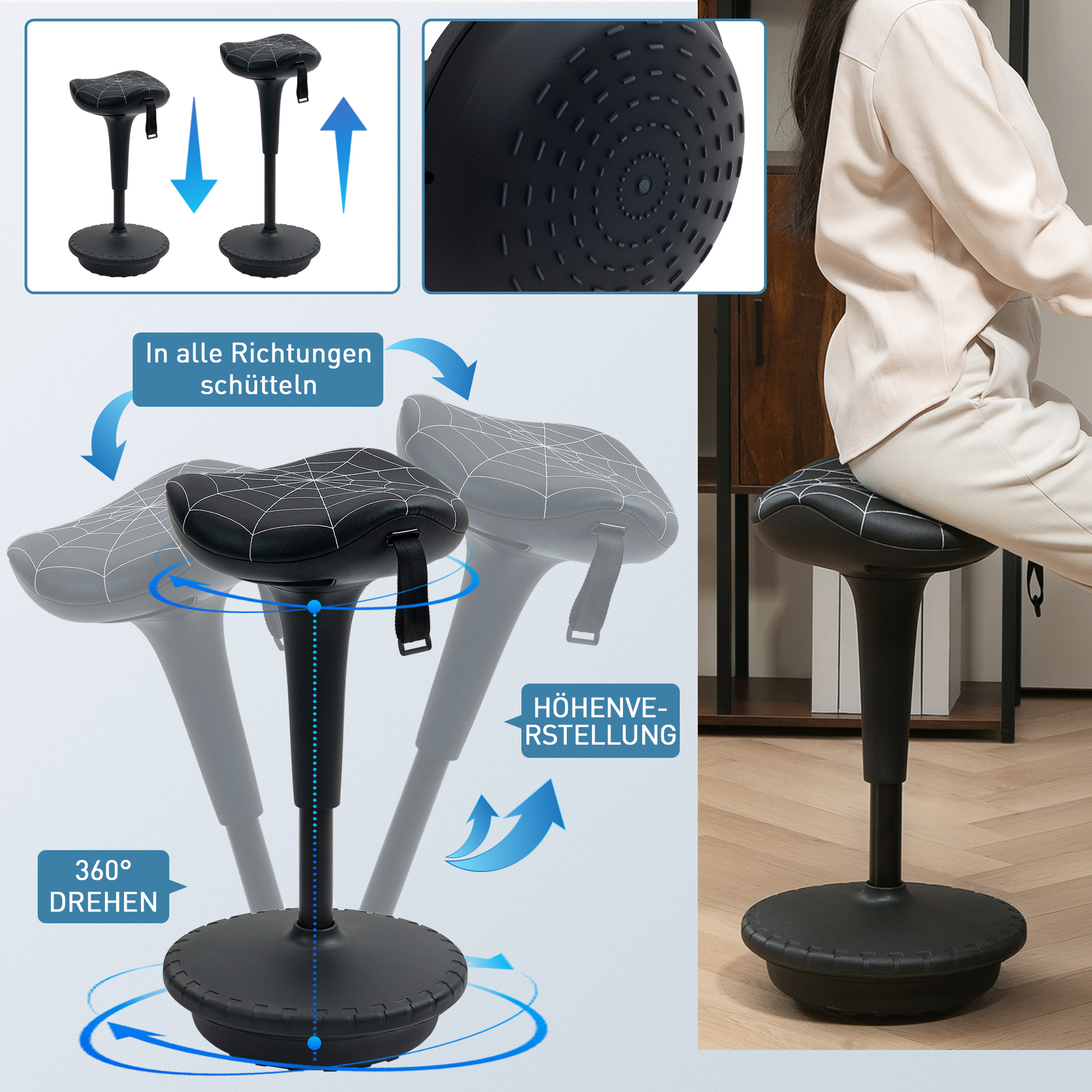 Bürohocker mit Schwenkfunktion, ergonomischer Hocker, höhenverstellbar 65,5-83,5 cm 120° neigbar Schwarz