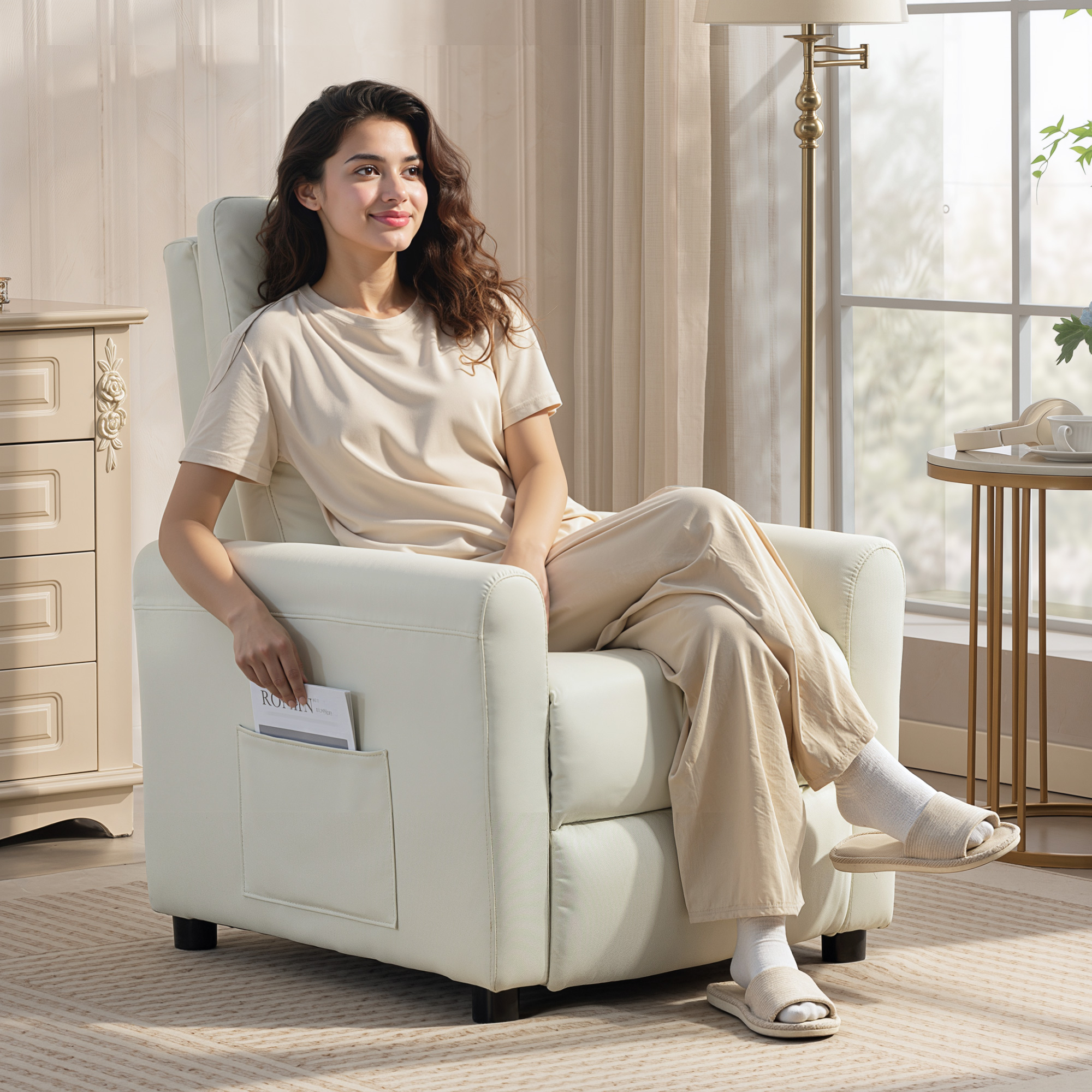 Relaxsessel Fernsehessel mit Liegefunktion, TV Sessel mit Taschenfedern, Fußstütze, Stoff in Leinenoptik, Cremeweiß