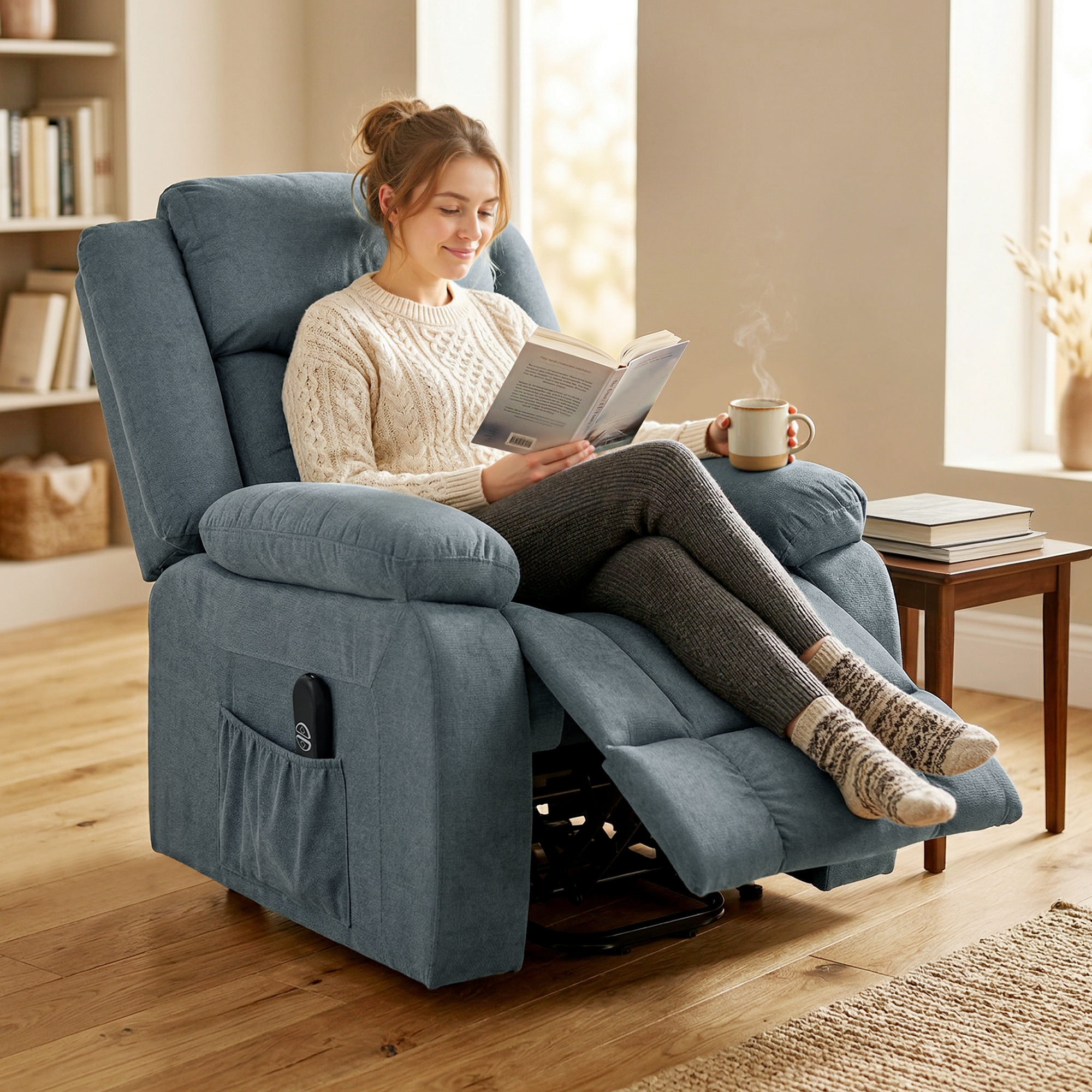Aufstehsessel mit weichem Bezug, Recliner-Sessel mit Fernbedienung und Seitentaschen, Grau