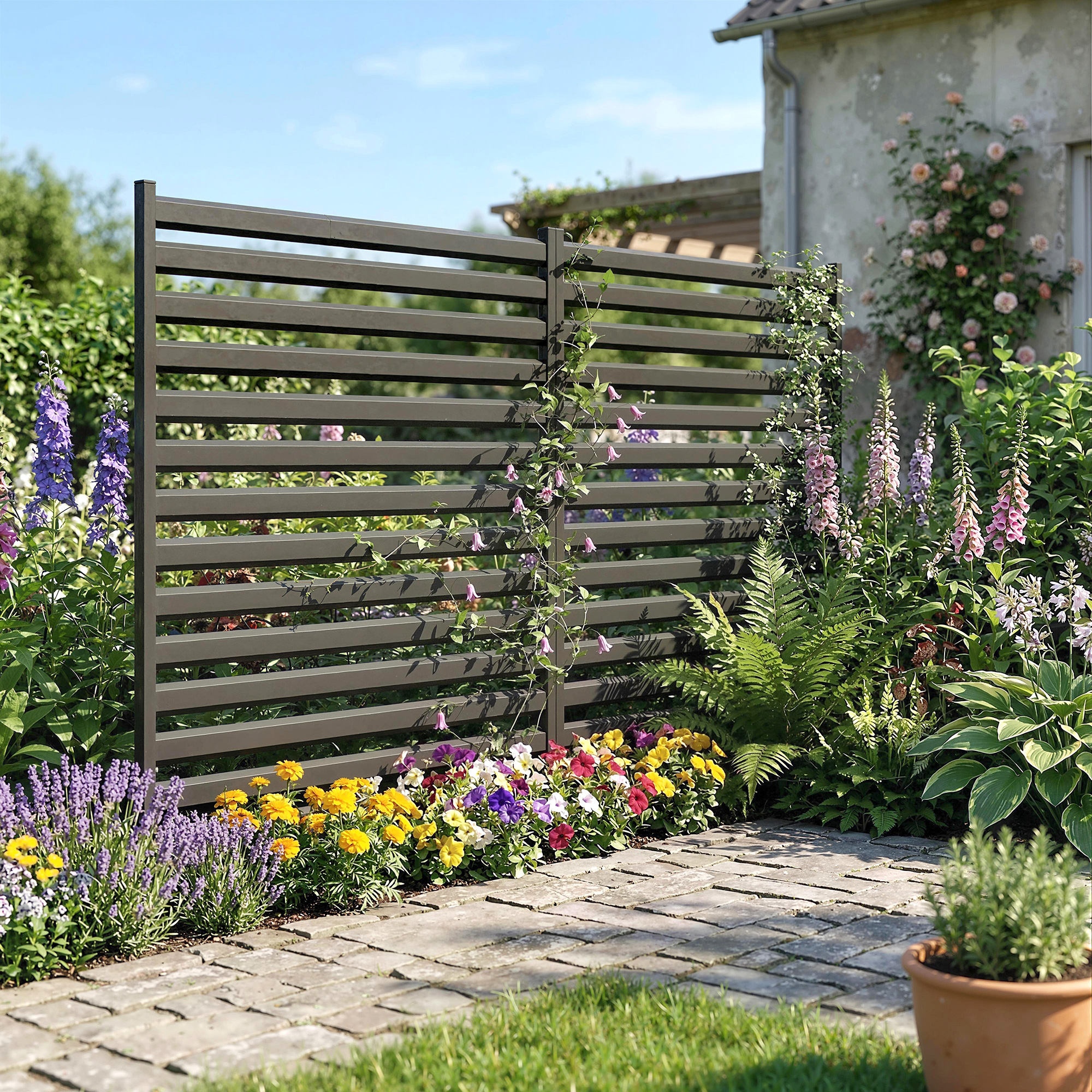 Gartenzaun 2 Paneele 91 x 152 cm Metall Sichtschutzzaun mit Pfosten & Schutzkappen rostfreie Schwarz