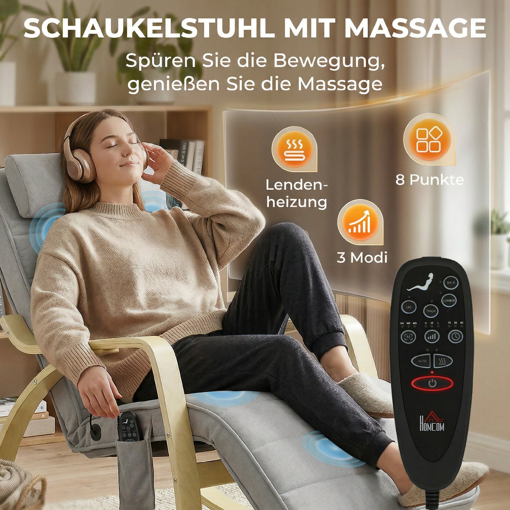 Schaukelstuhl mit Massage, Heizung, Kopfstütze & Fußstütze, Samtbezug, Relaxsessel, Hellgrau
